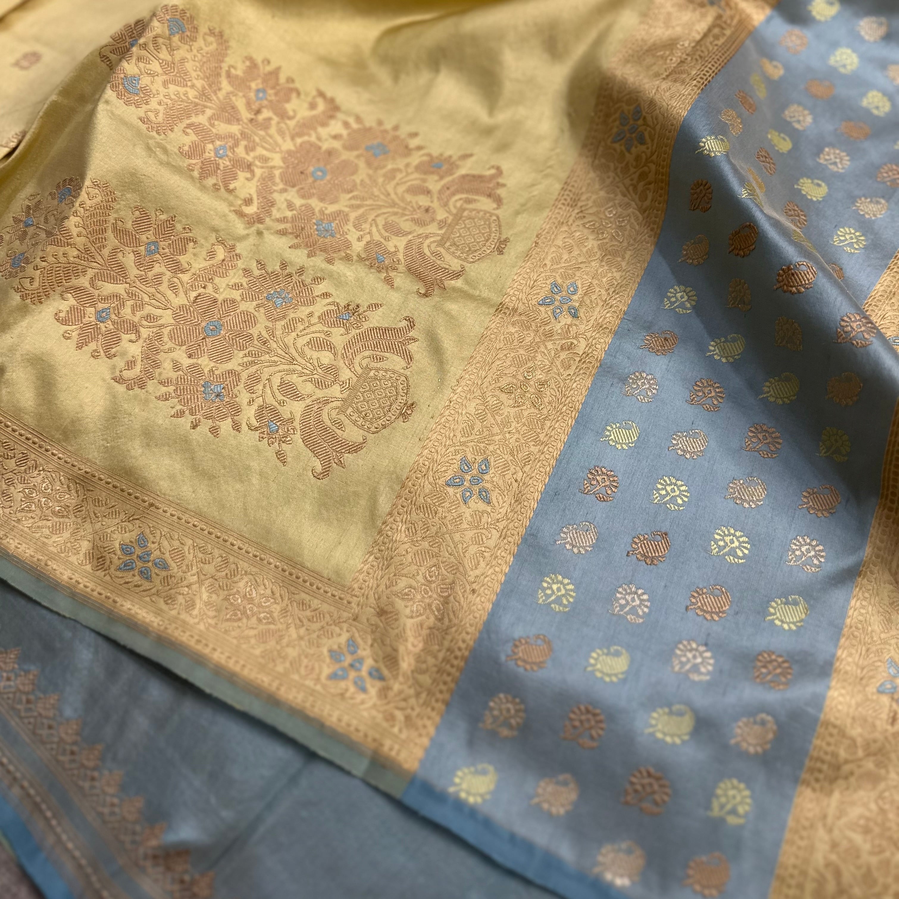 Yellow and Sky Blue Buti Baluchari with Tree of Life