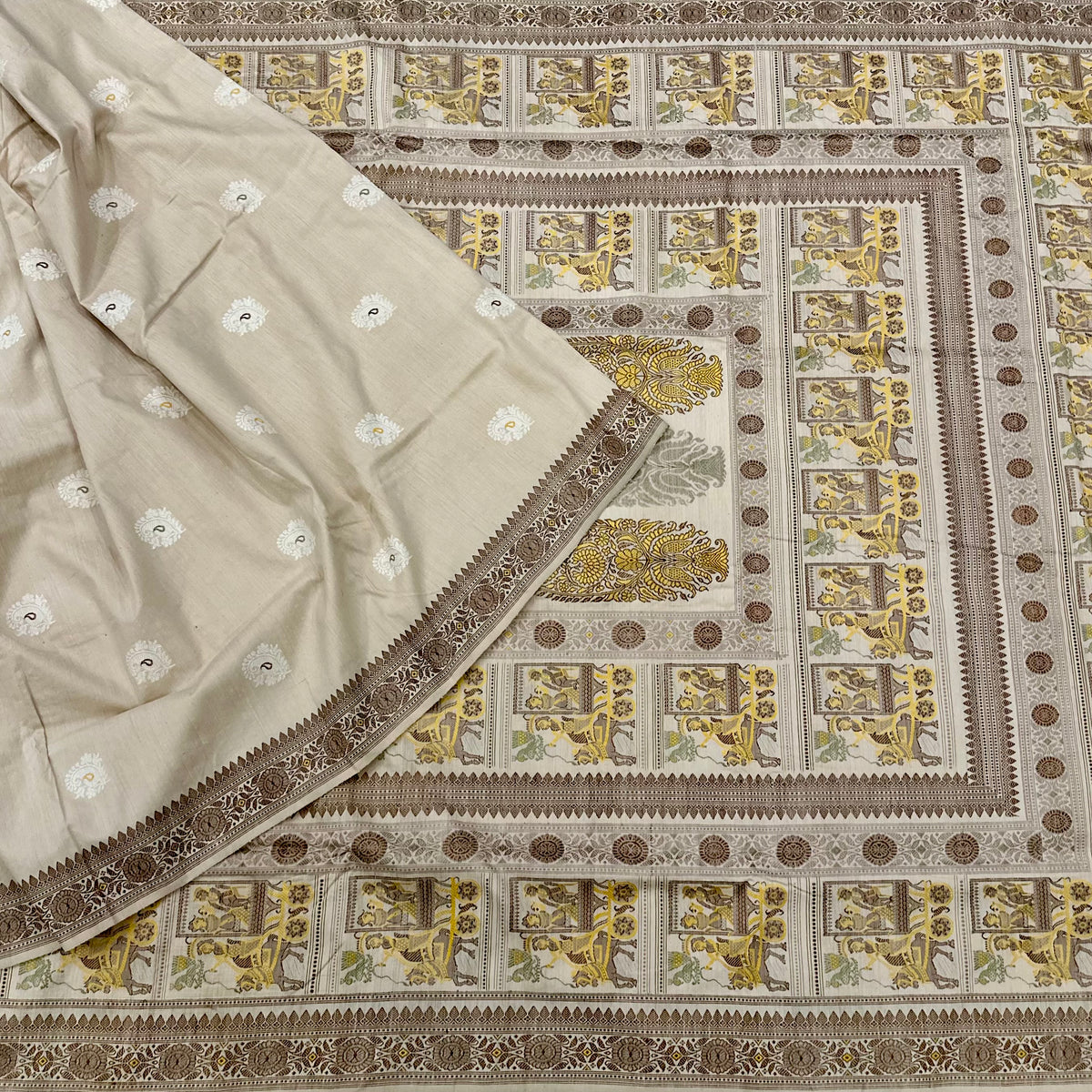 Beige Grand Palla Baluchari Saree with butis