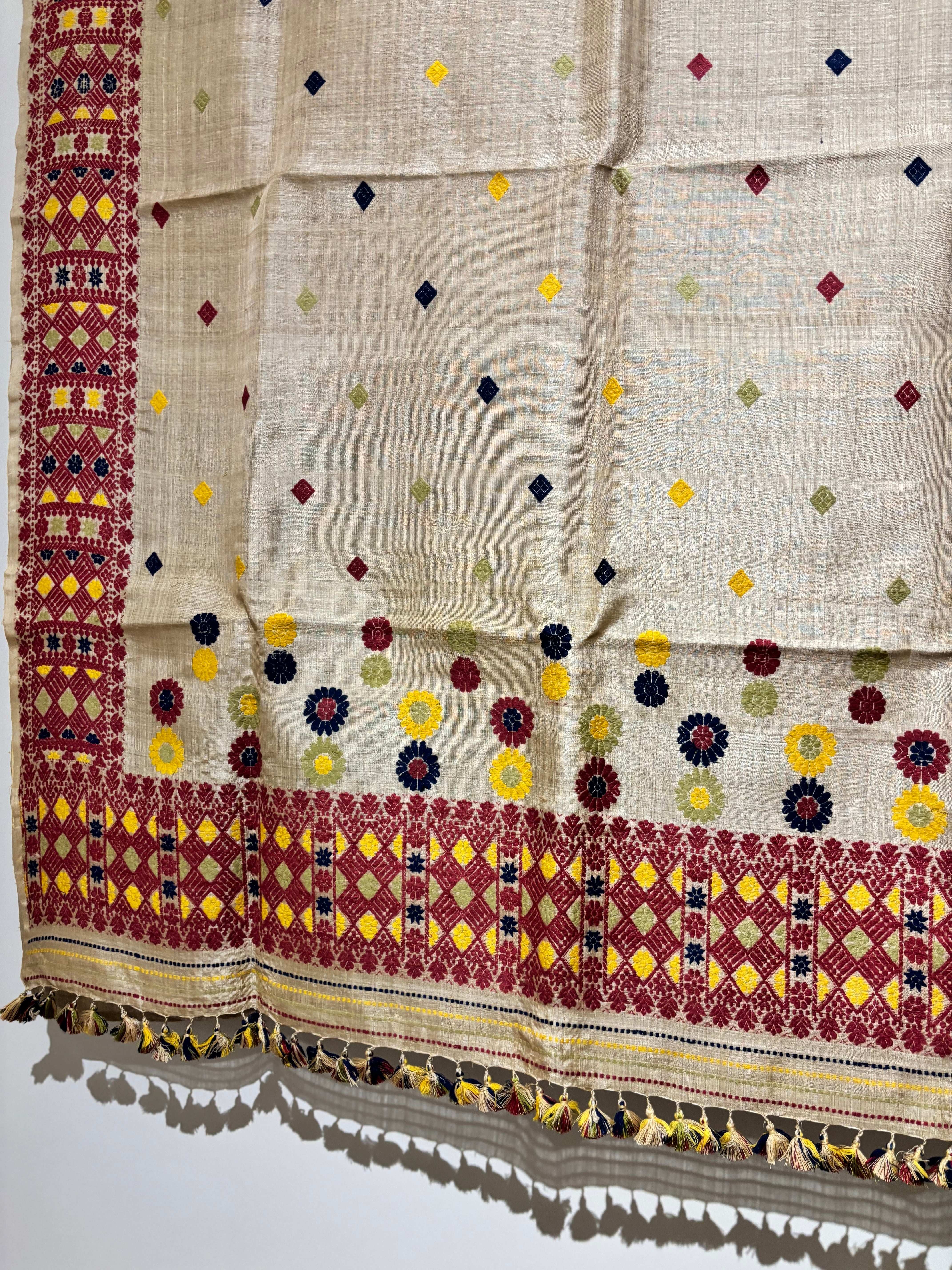 Heirloom Pure Assam Muga Saree with Natural Dyed Eri Extra Weft in Multicolor Diamond Motifs