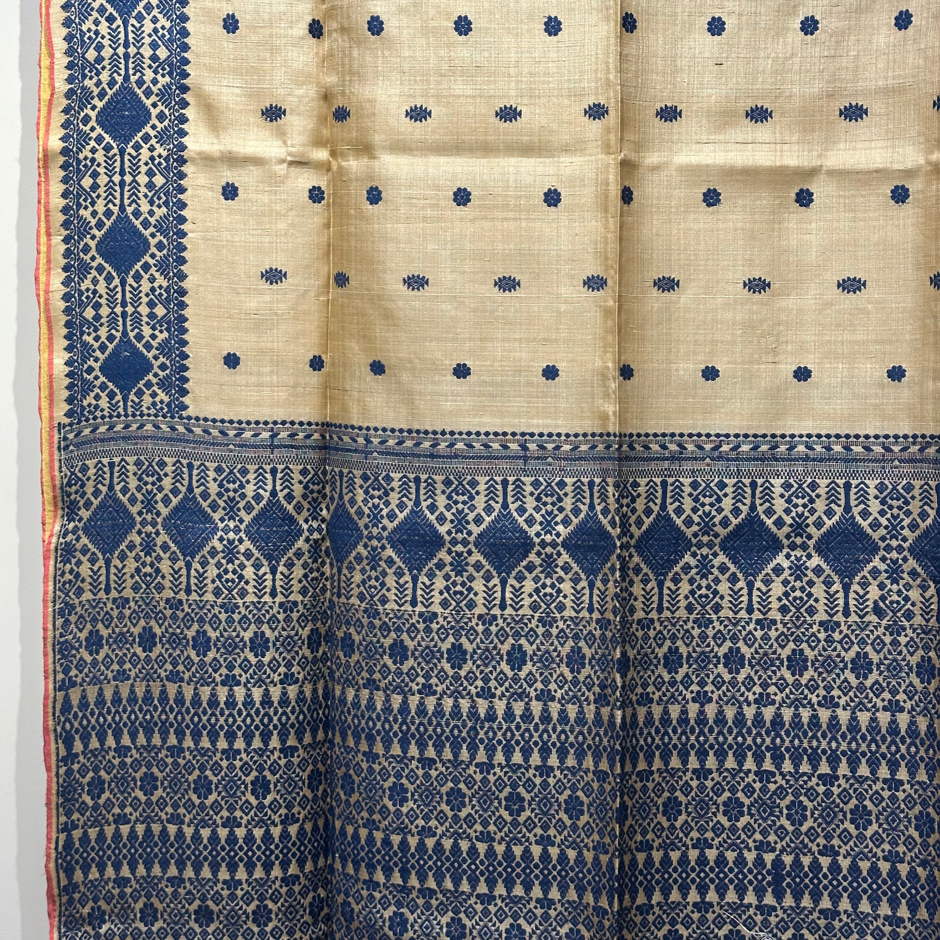 Heirloom Pure Assamese Muga Saree with Indigo Dyed Eri Extra Weft
