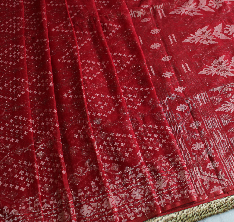 Pre Order : Red Jaal Dhakai Jamdani with Zari