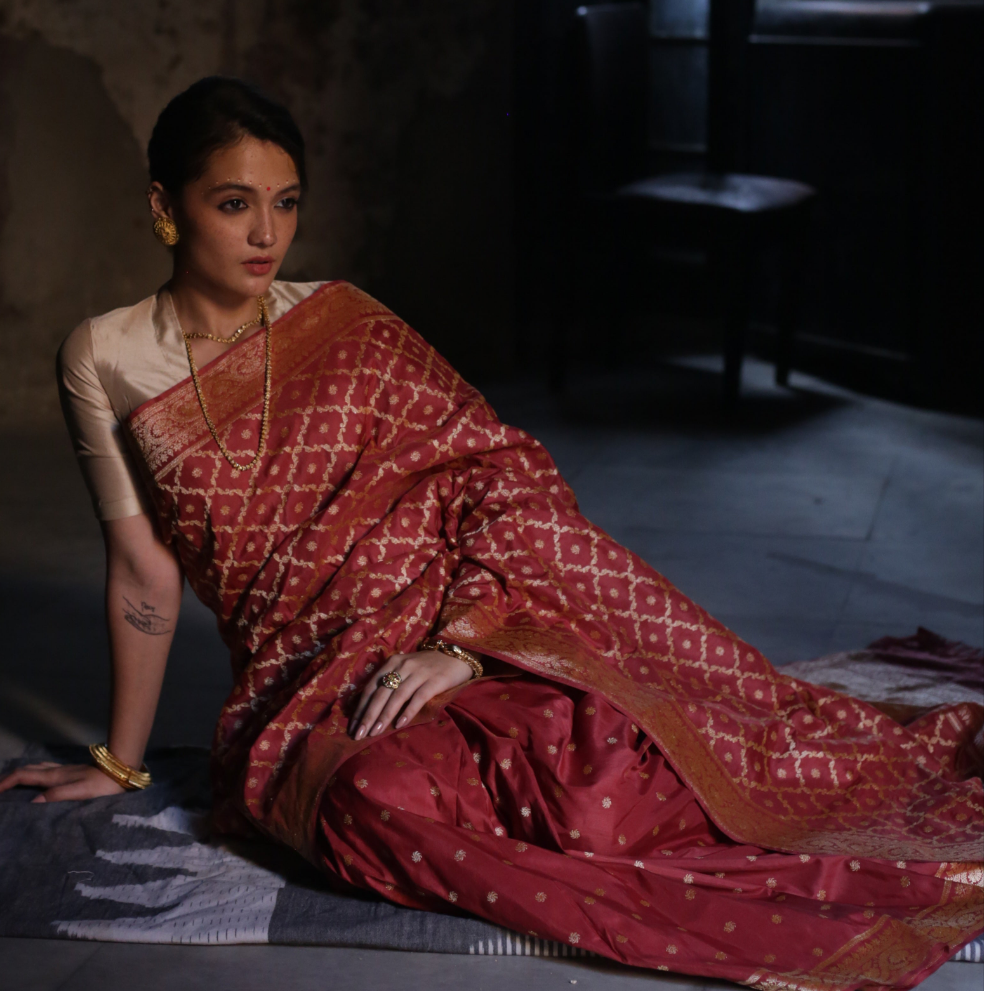 Crimson Natural Dyed Red Khadwa Jaal Benarasi
