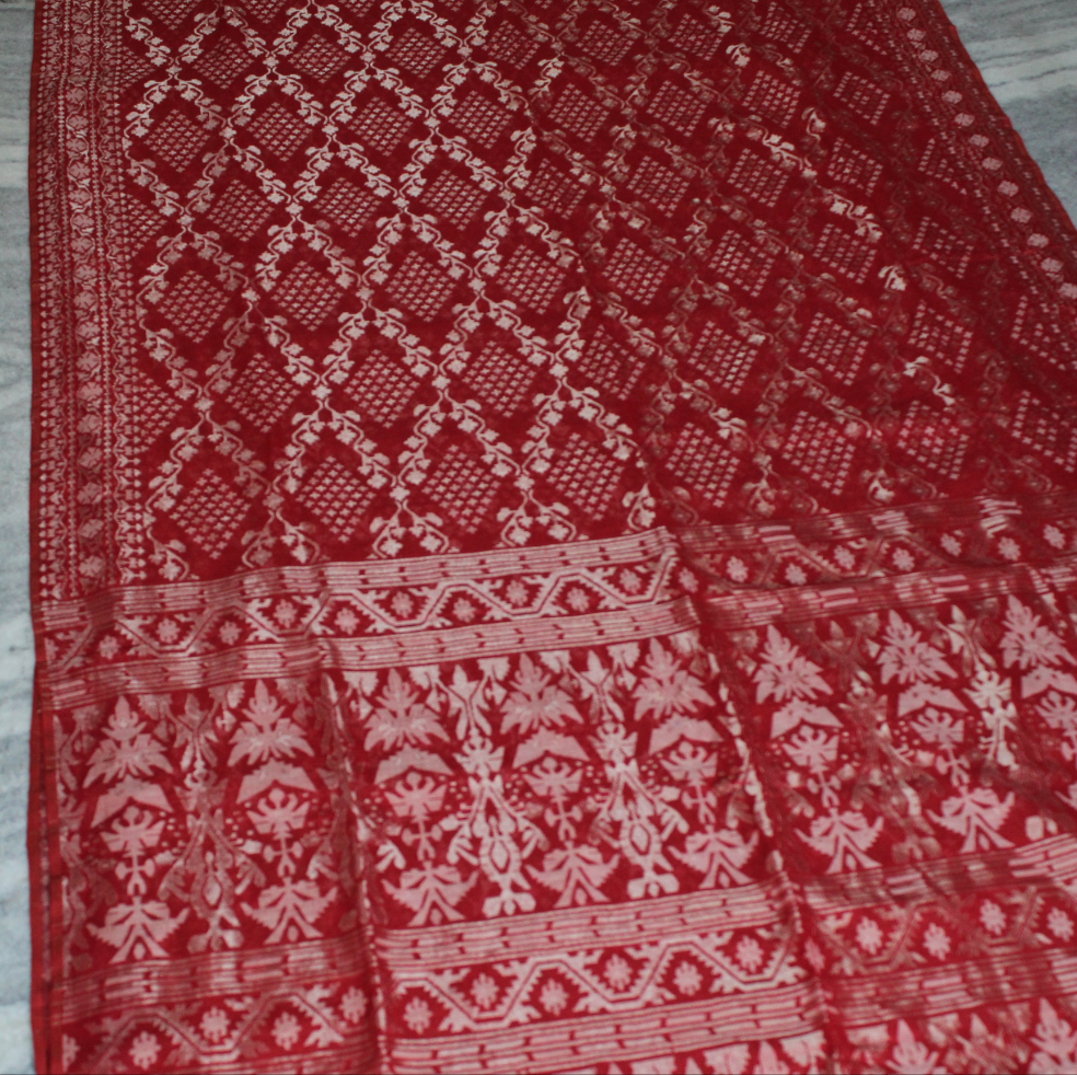 Pre Order : Red Jaal Dhakai Jamdani with Zari