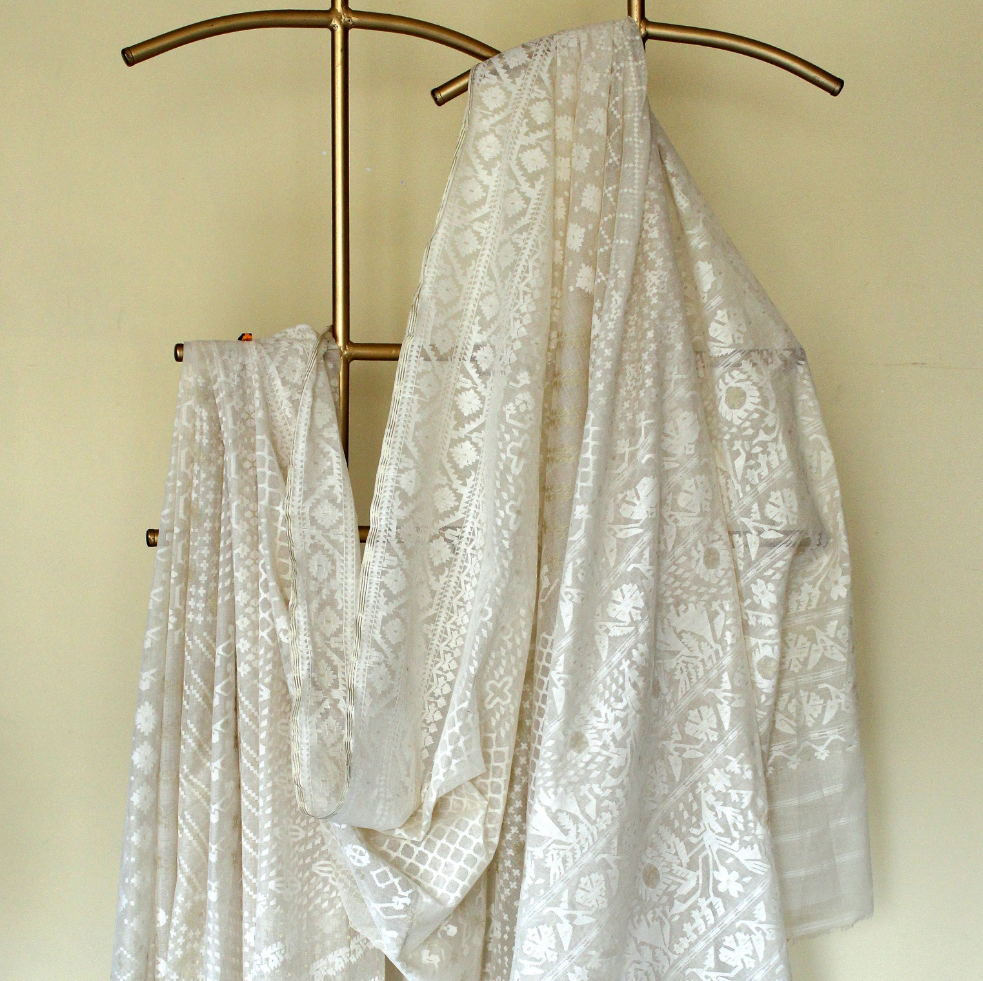 White Handspun 200 Count Masterpiece with 16 Different Motifs Dhakai Jamdani