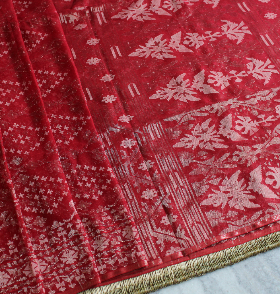 Red Jaal Dhakai Jamdani with Zari
