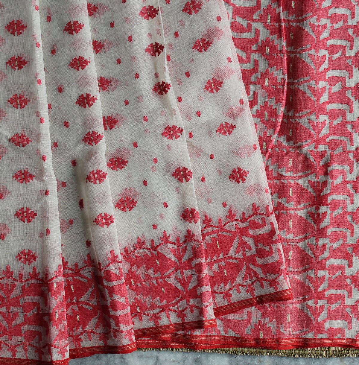 White and Red Dhakai Jamdani