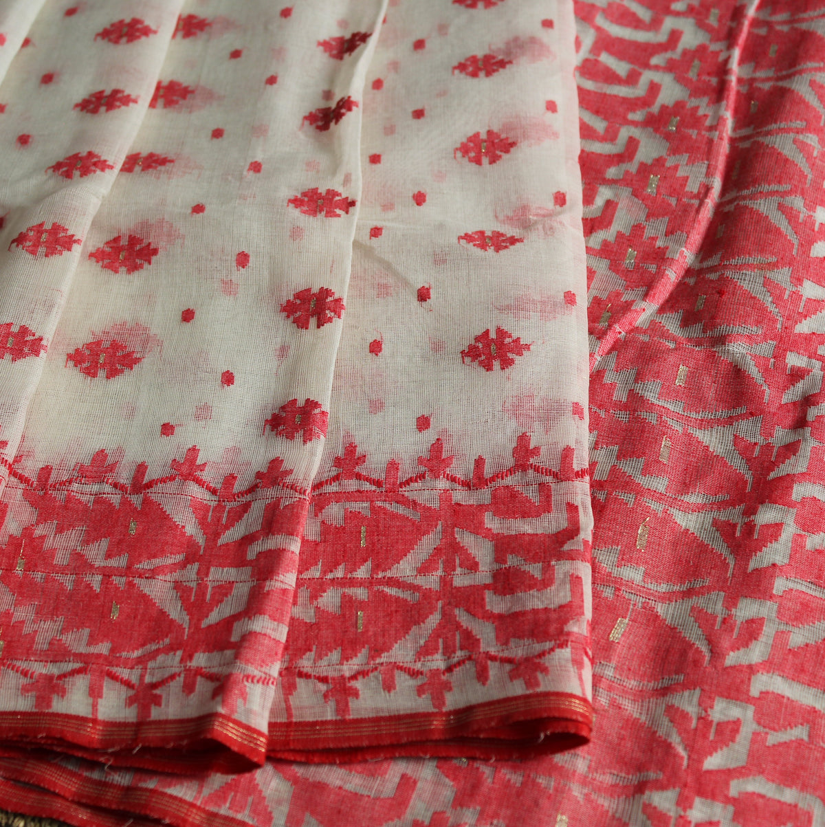 White and Red Dhakai Jamdani