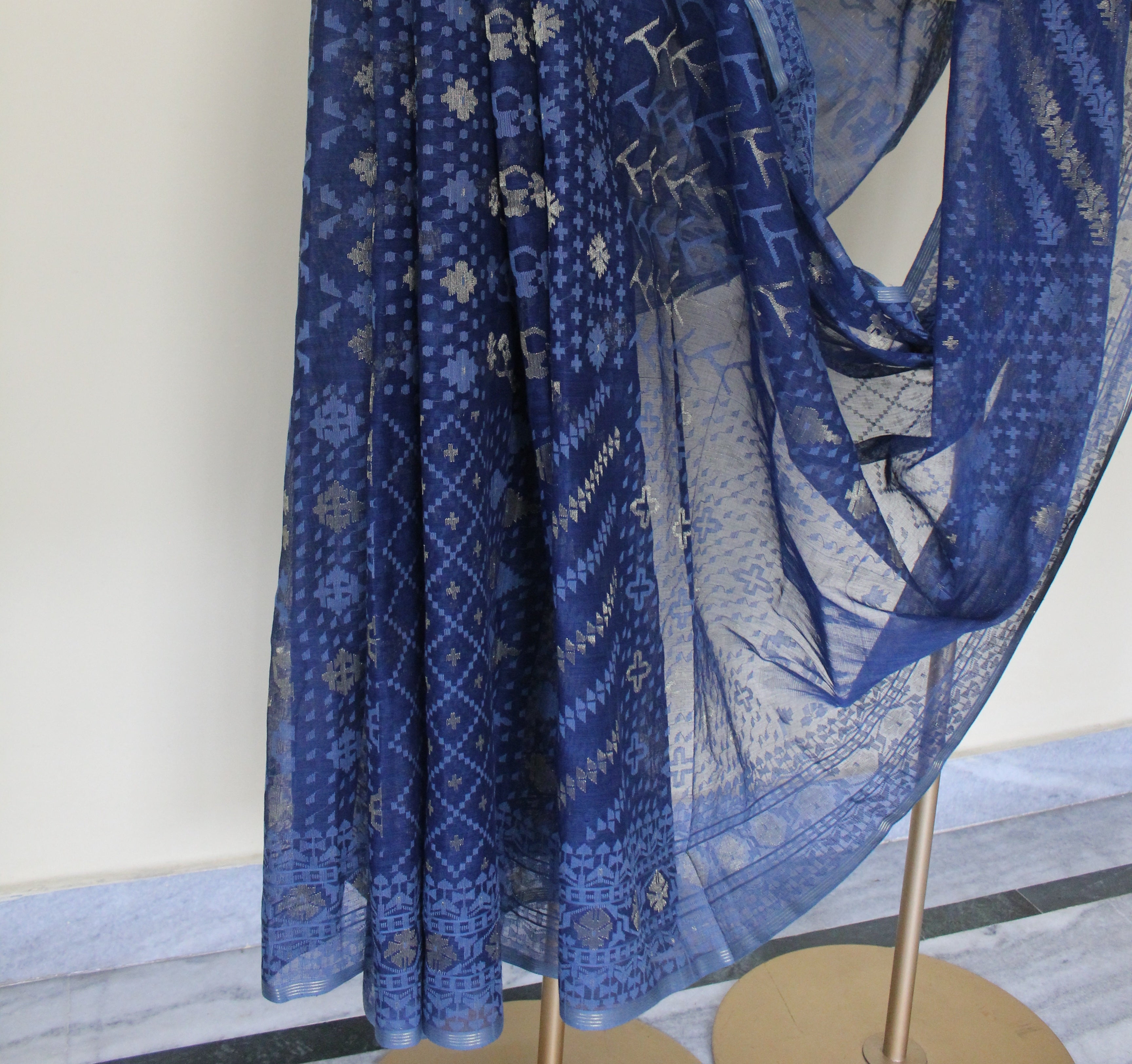 Indigo Handspun 200 Count Dhakai Jamdani Masterpiece with 16 Different Motifs
