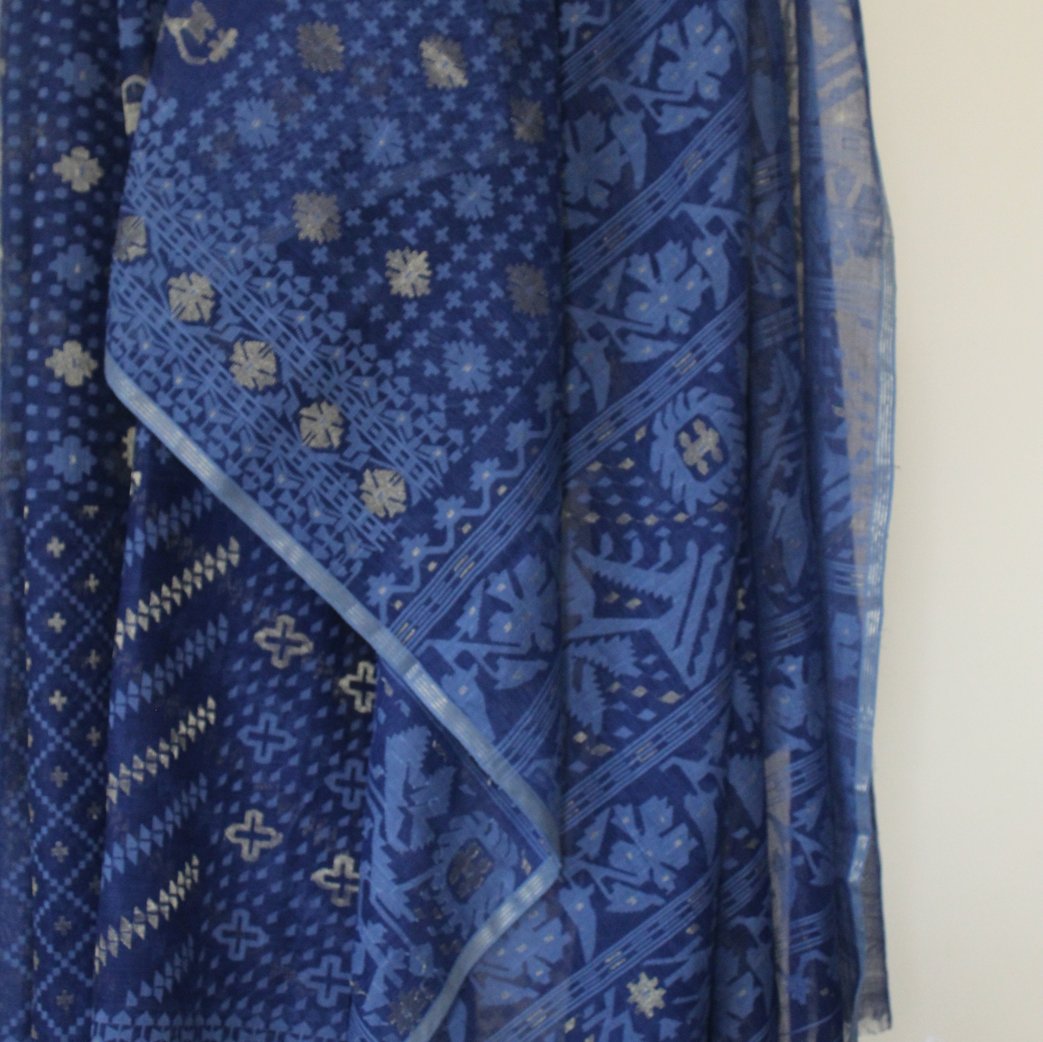 Indigo Handspun 200 Count Dhakai Jamdani Masterpiece with 16 Different Motifs