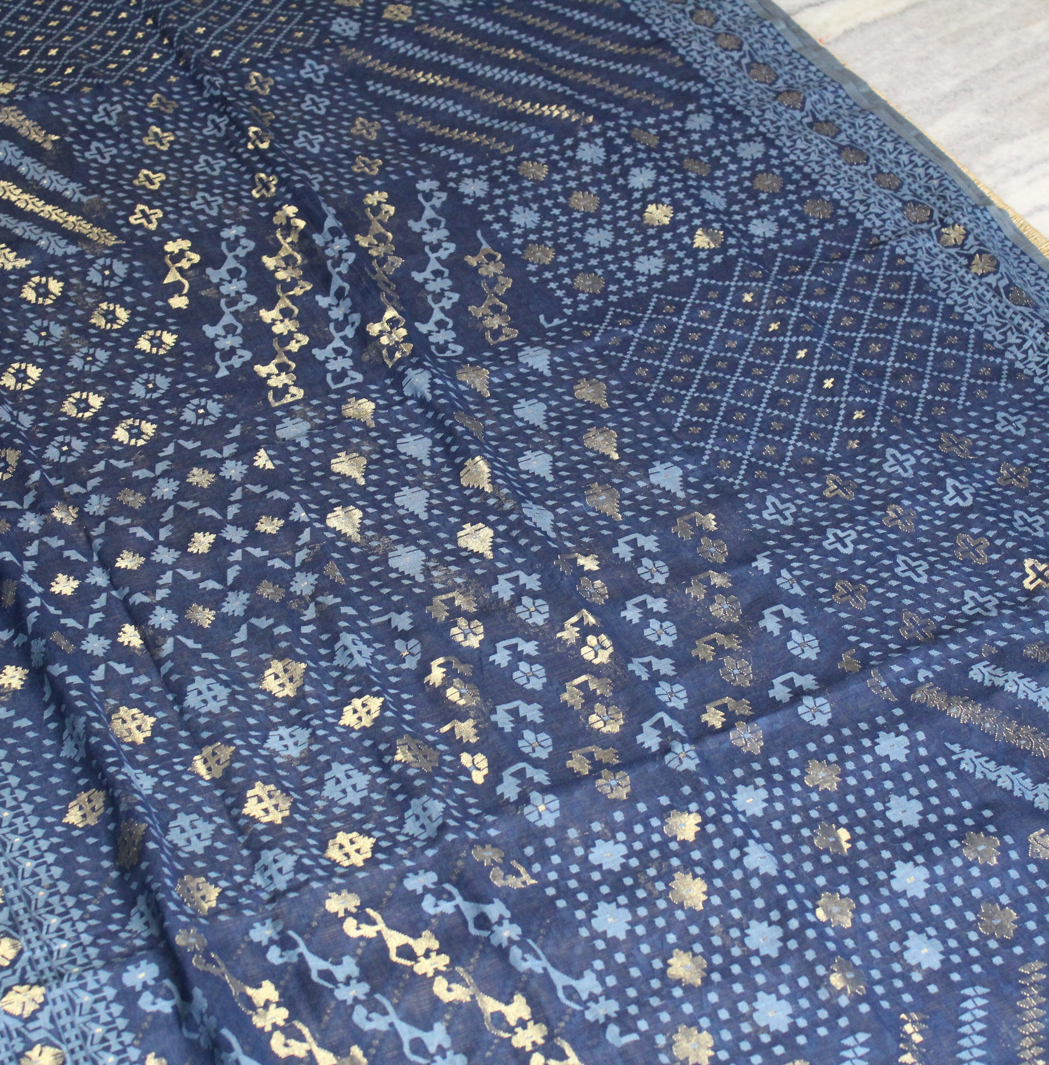 Indigo Handspun 200 Count Dhakai Jamdani Masterpiece with 16 Different Motifs