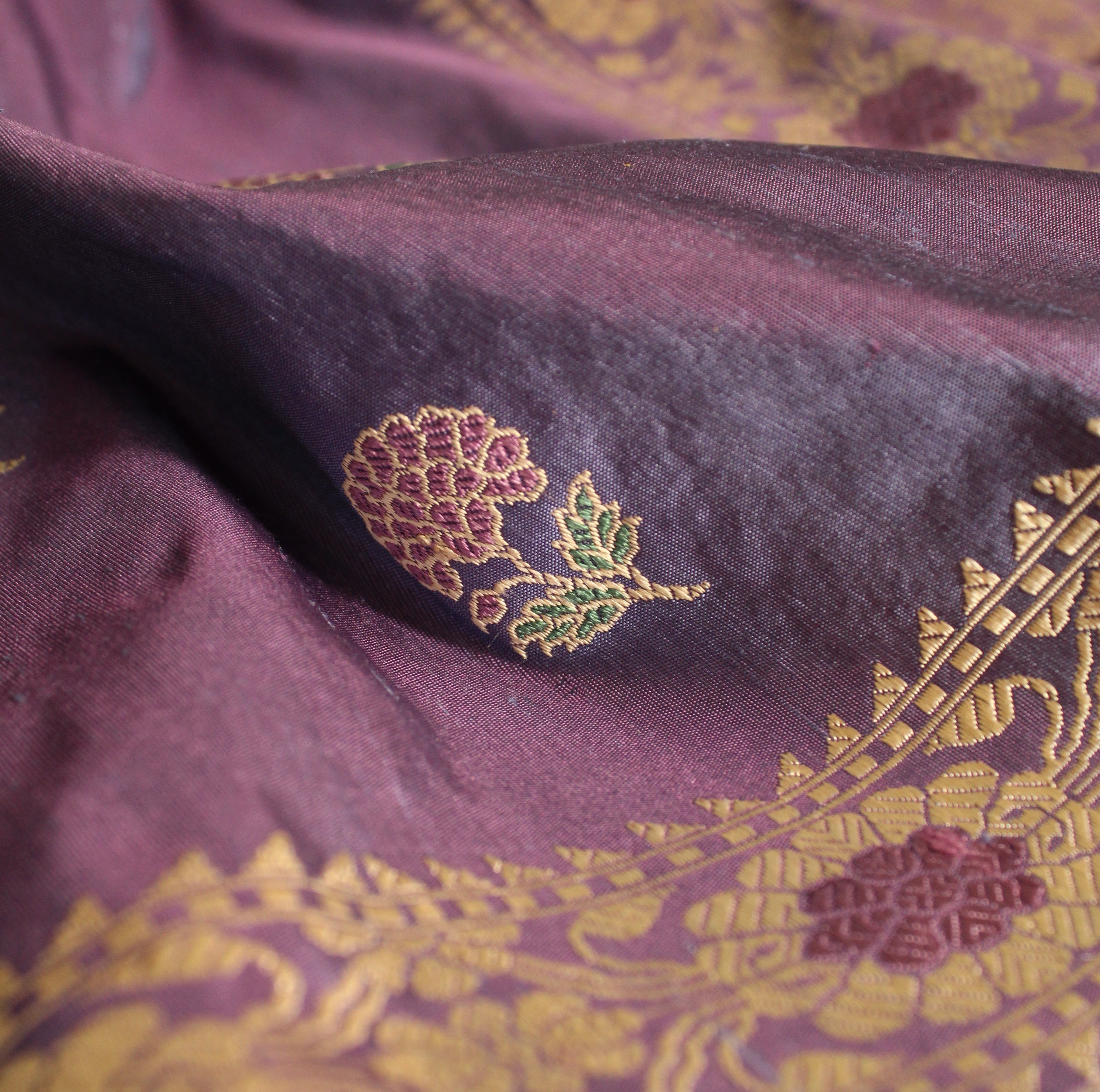 Purple Shot Color Marigold Baluchari Saree