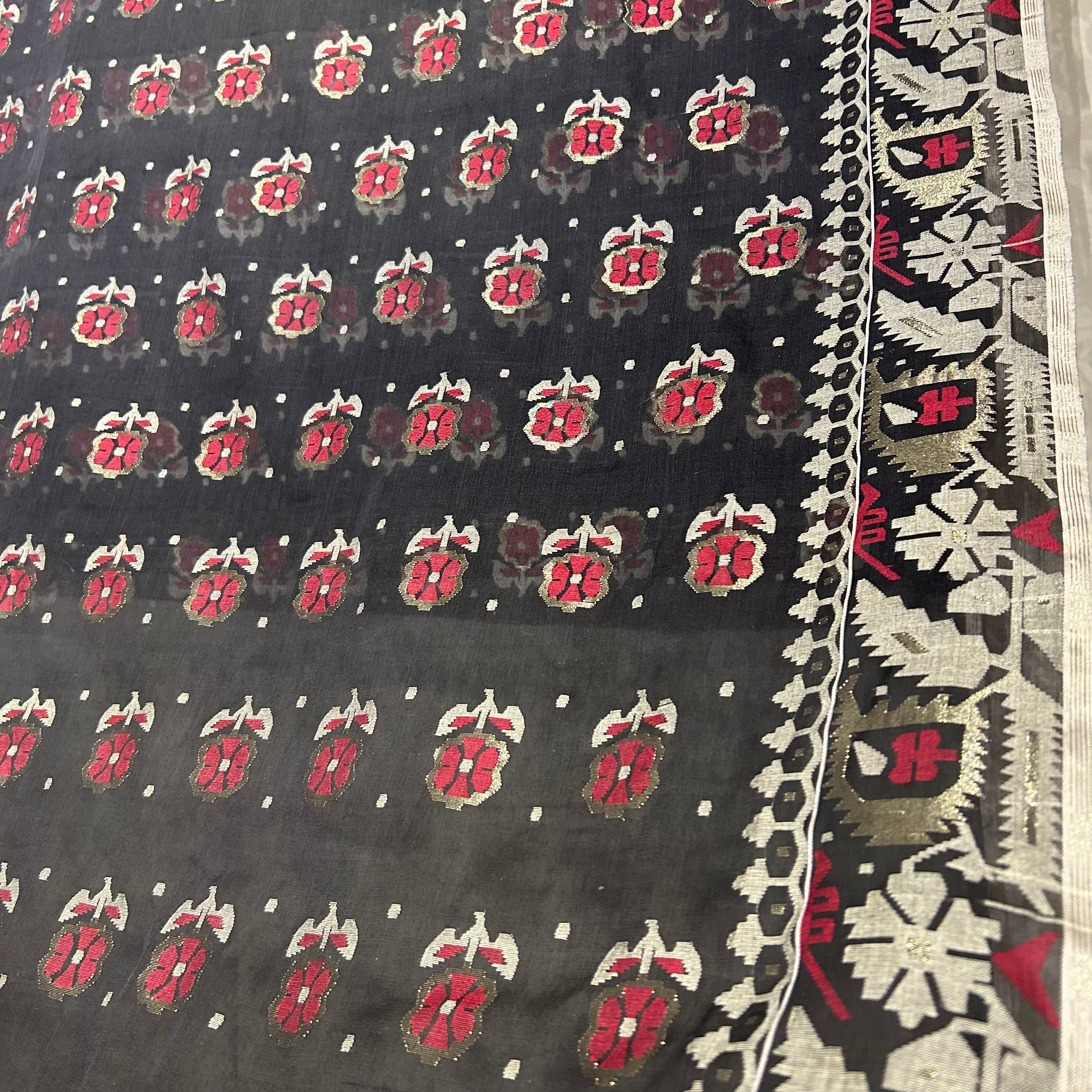 Black Red Floral Dhakai Jamdani