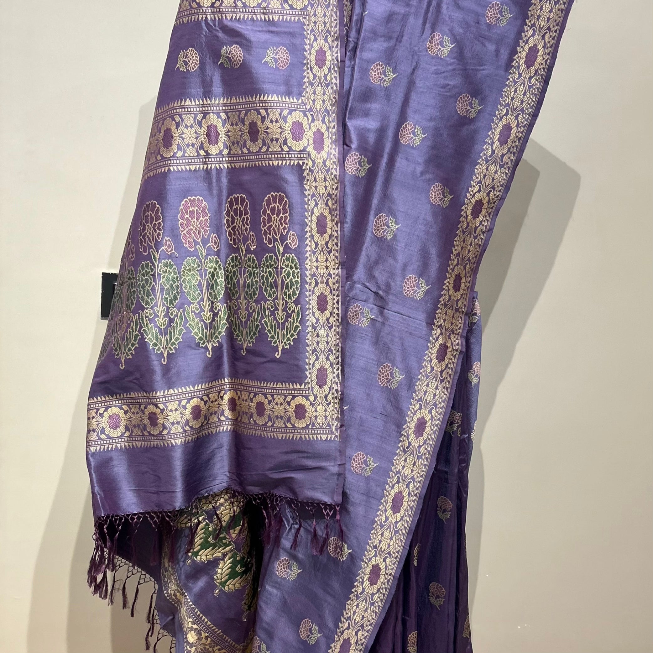 Purple Shot Color Marigold Baluchari Saree