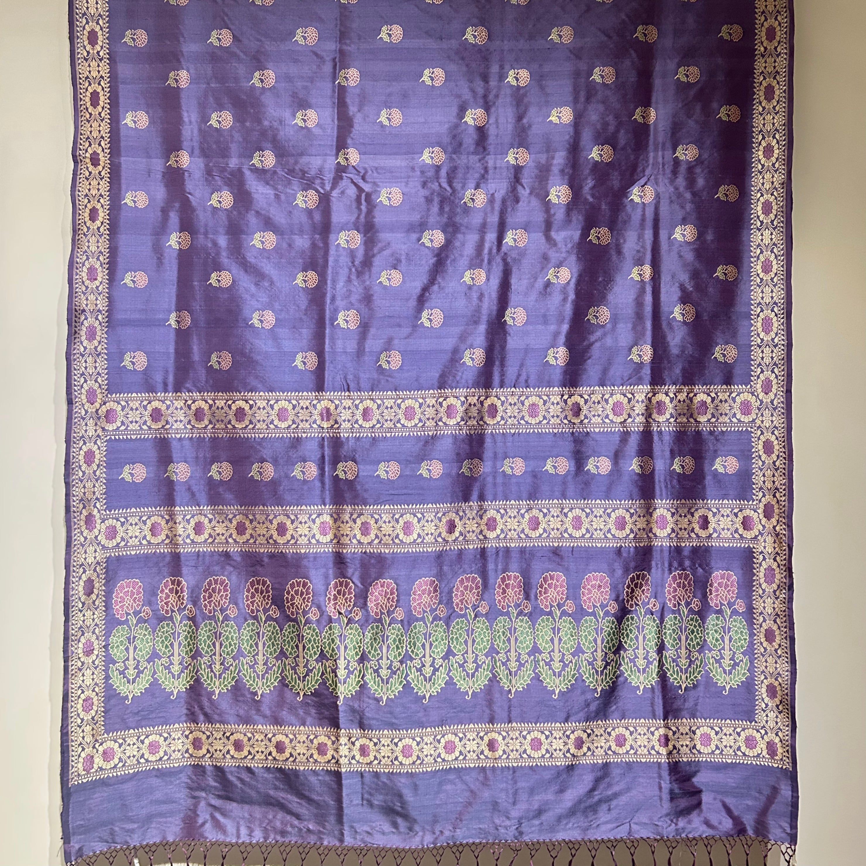 Purple Shot Color Marigold Baluchari Saree