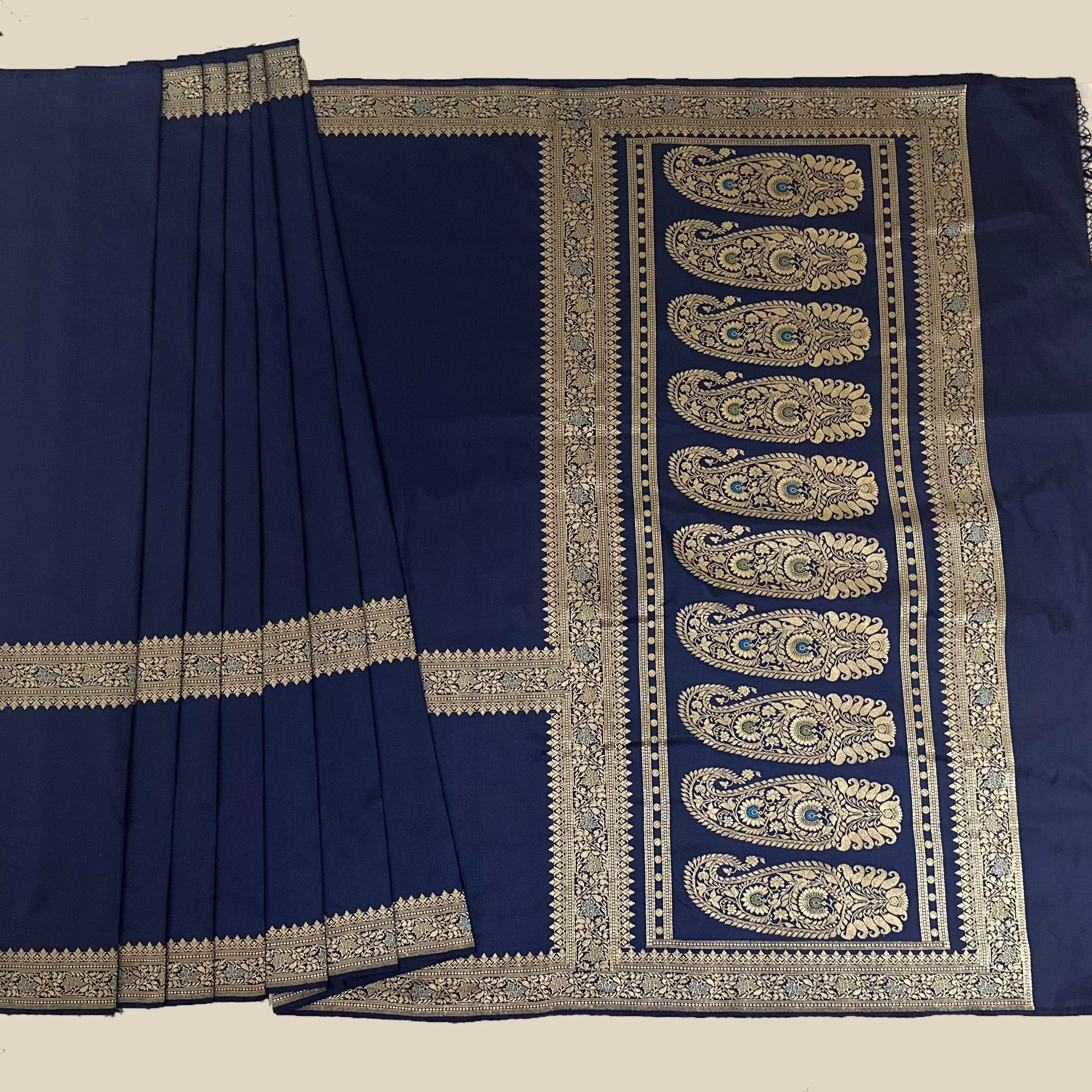 Midnight Blue Three Border Baluchari Saree