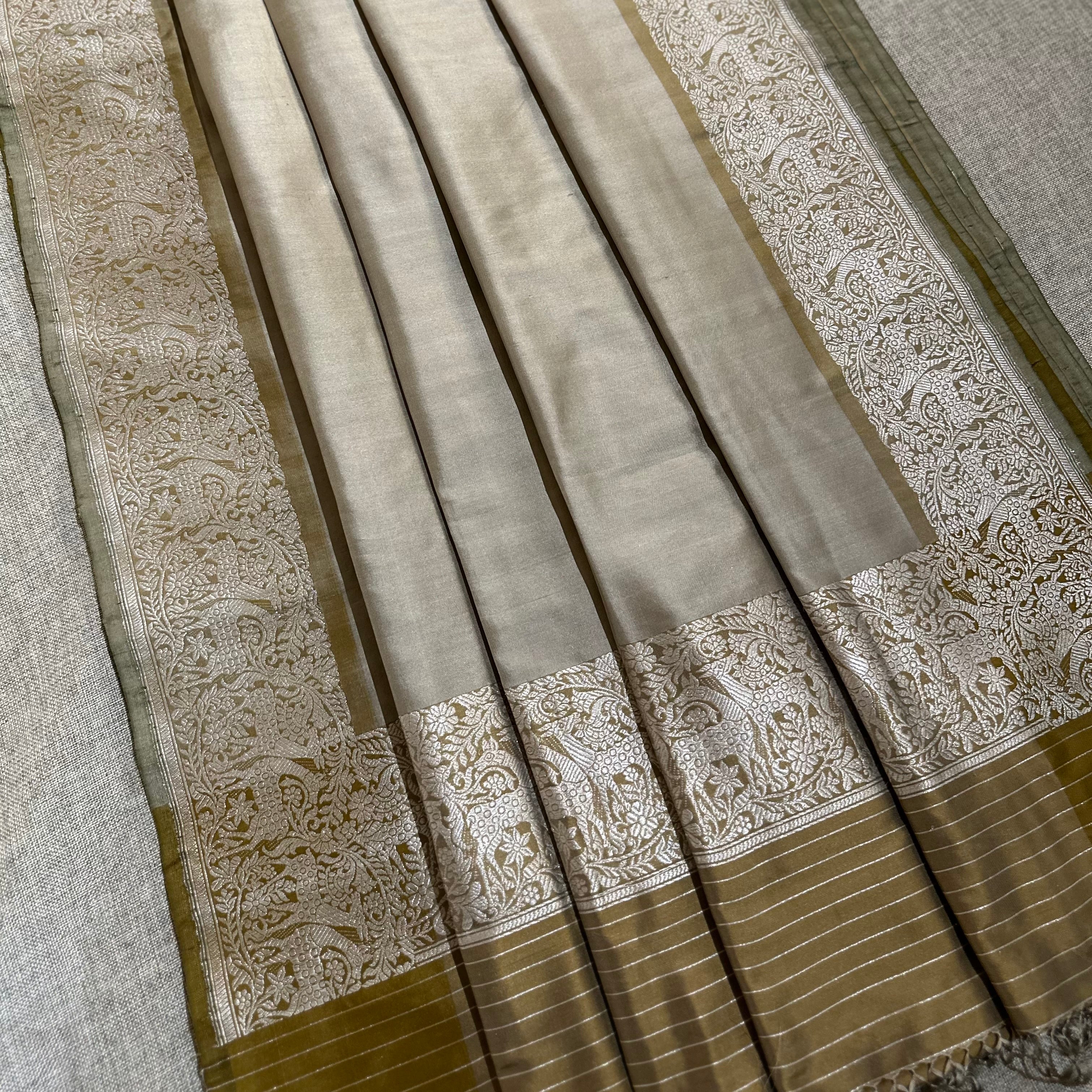 Shikargah Khadwa Benarasi in Grey and Mustard