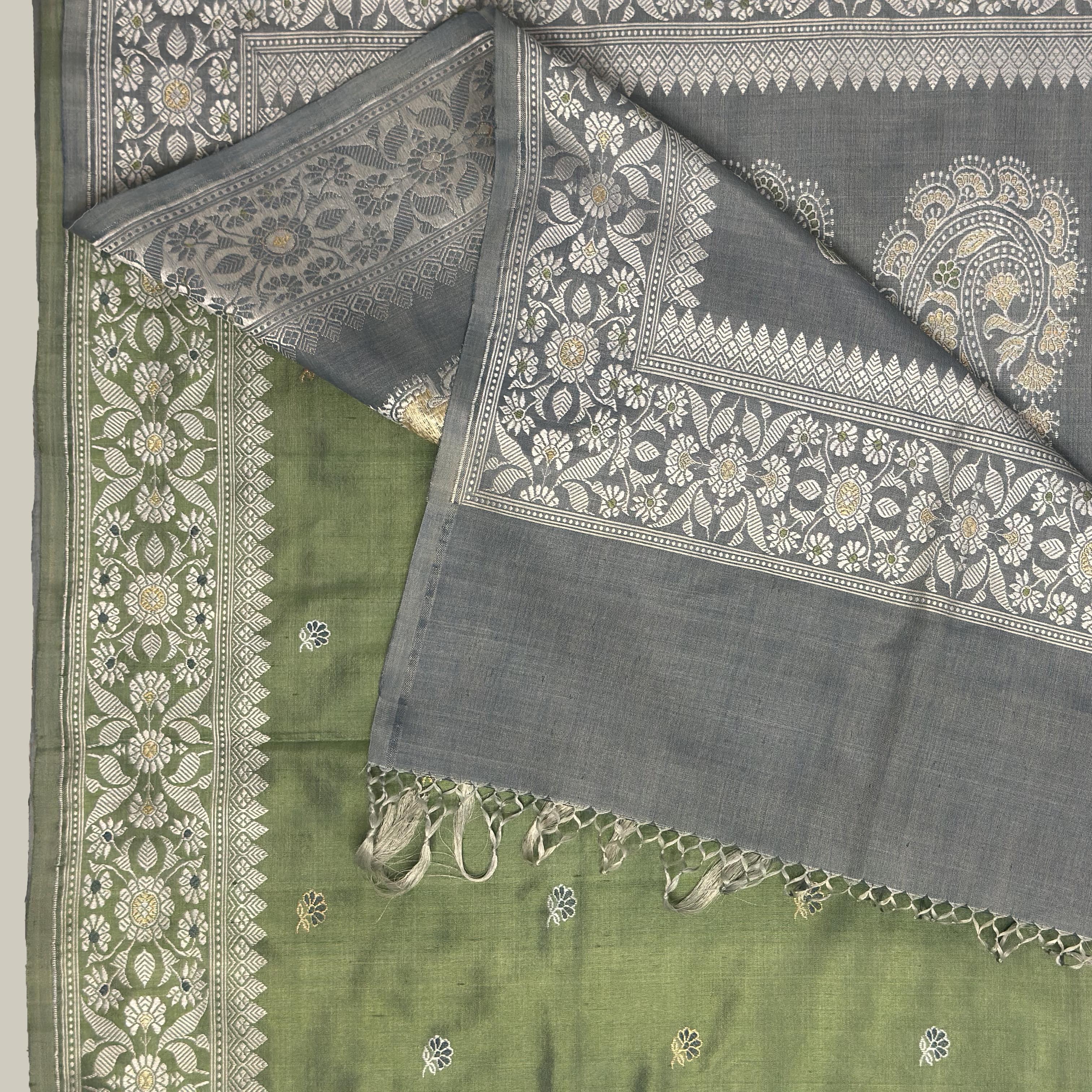 Indigo Ada Baluchari with Green Minakari