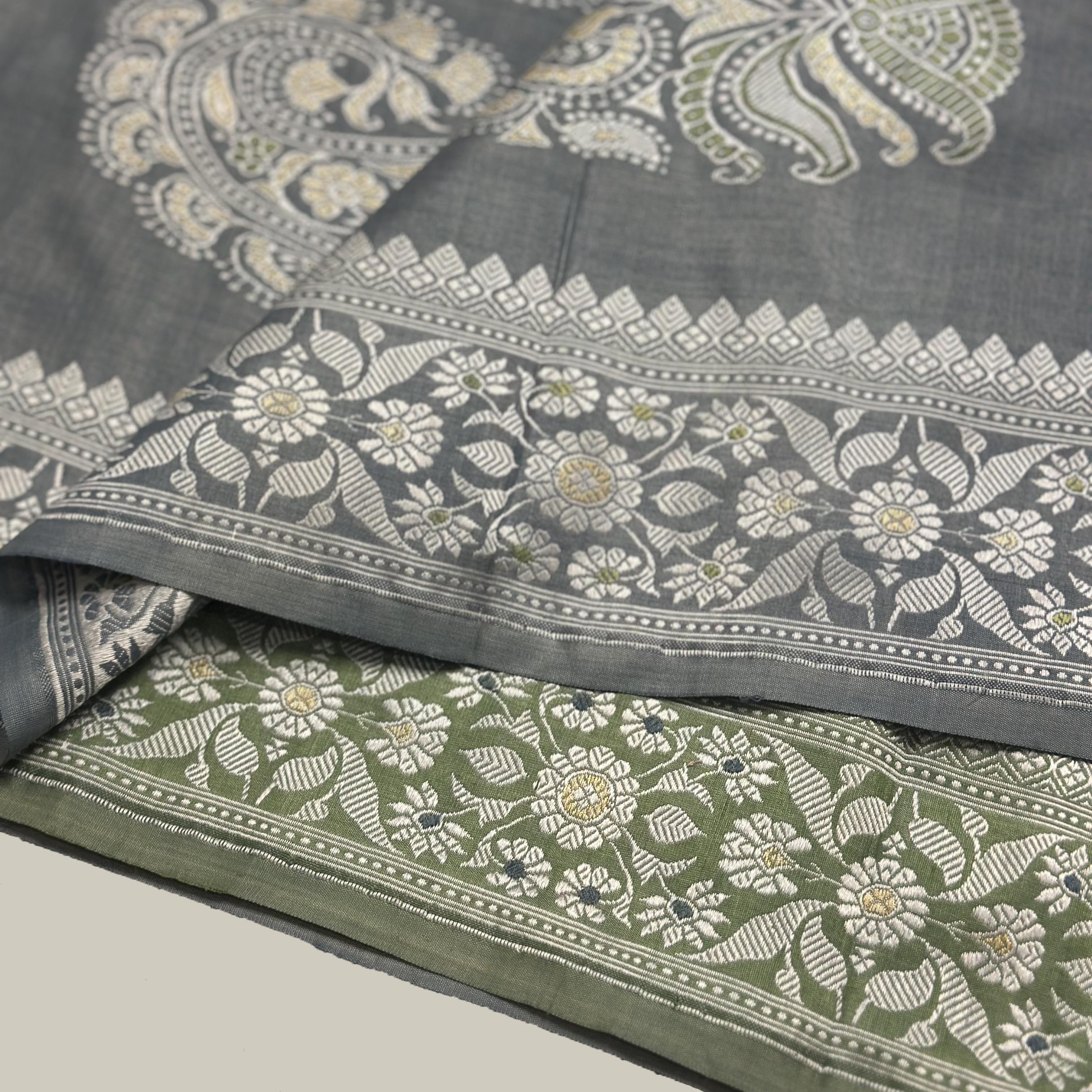 Indigo Ada Baluchari with Green Minakari