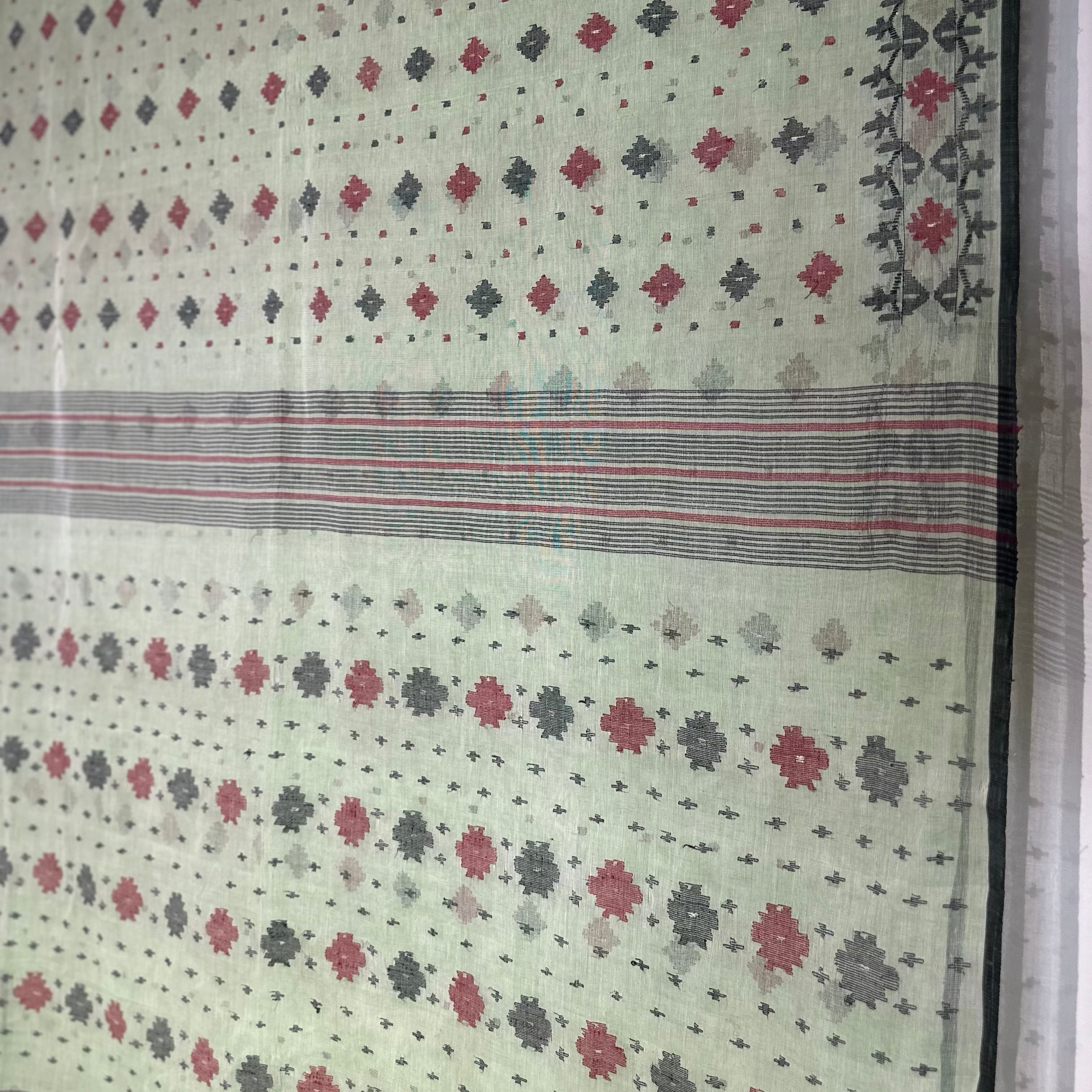 Light Green with red and black Dhakai Jamdani