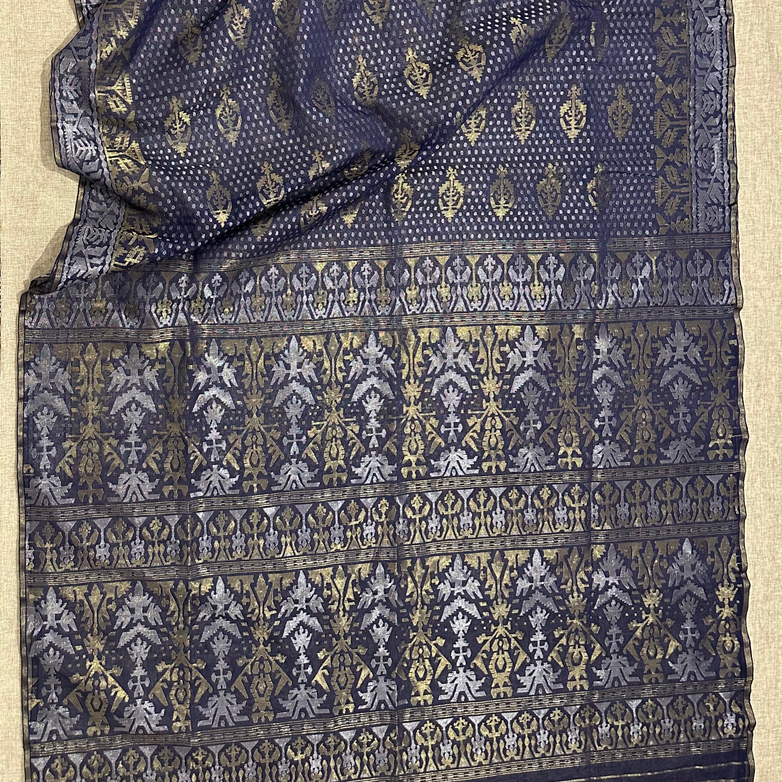 Blue with Golden and Silver zari Dhakai Jamdani