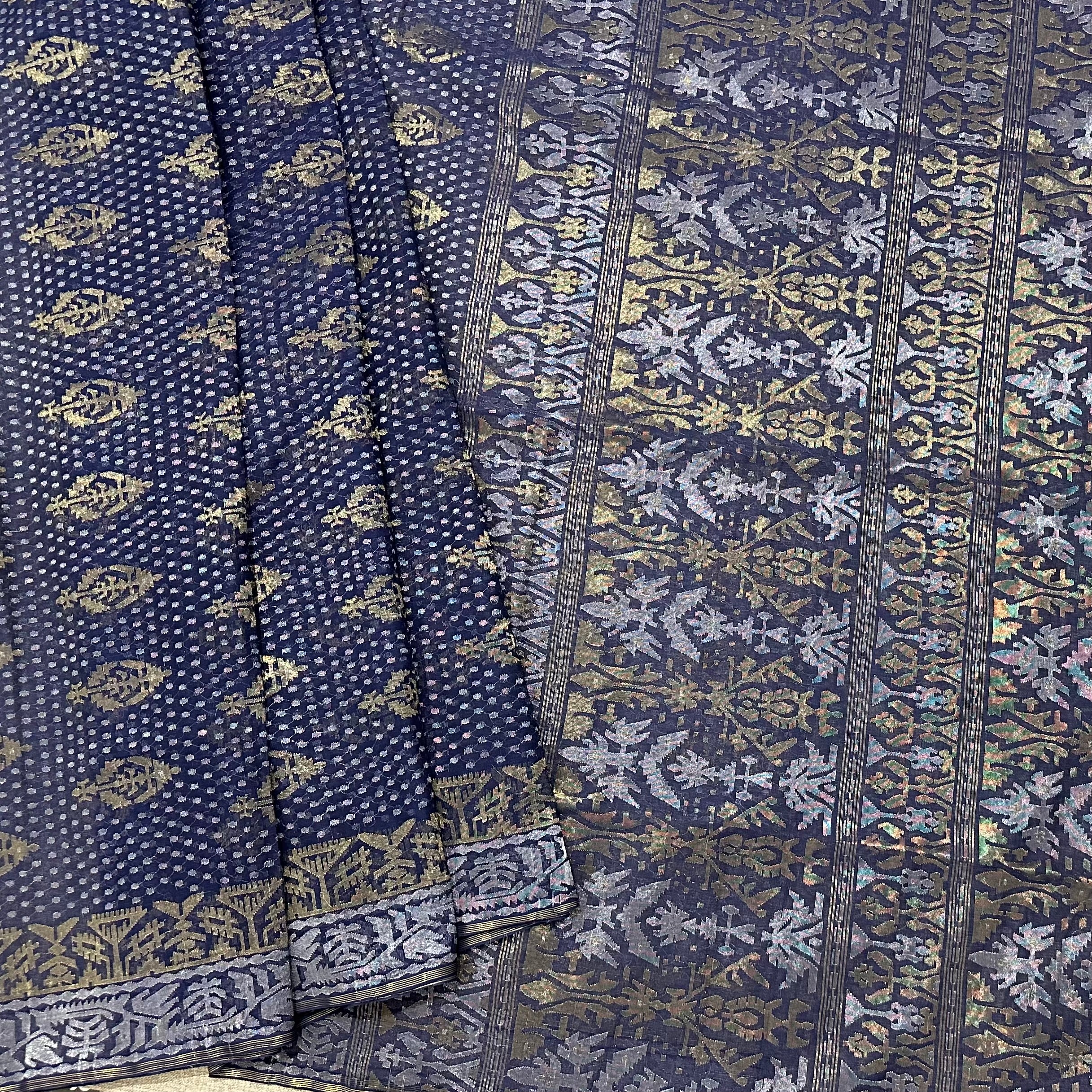 Blue with Golden and Silver zari Dhakai Jamdani