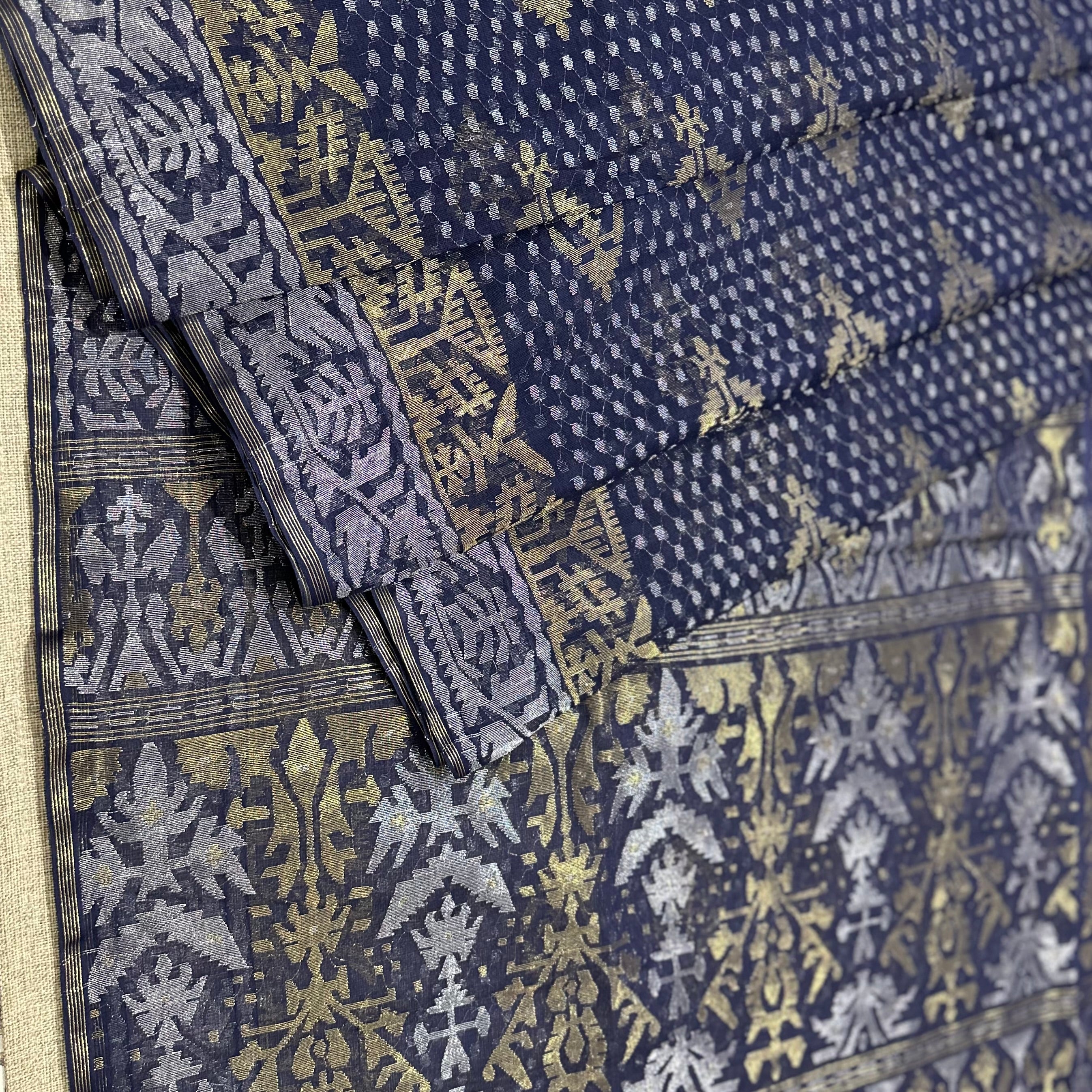 Blue with Golden and Silver zari Dhakai Jamdani