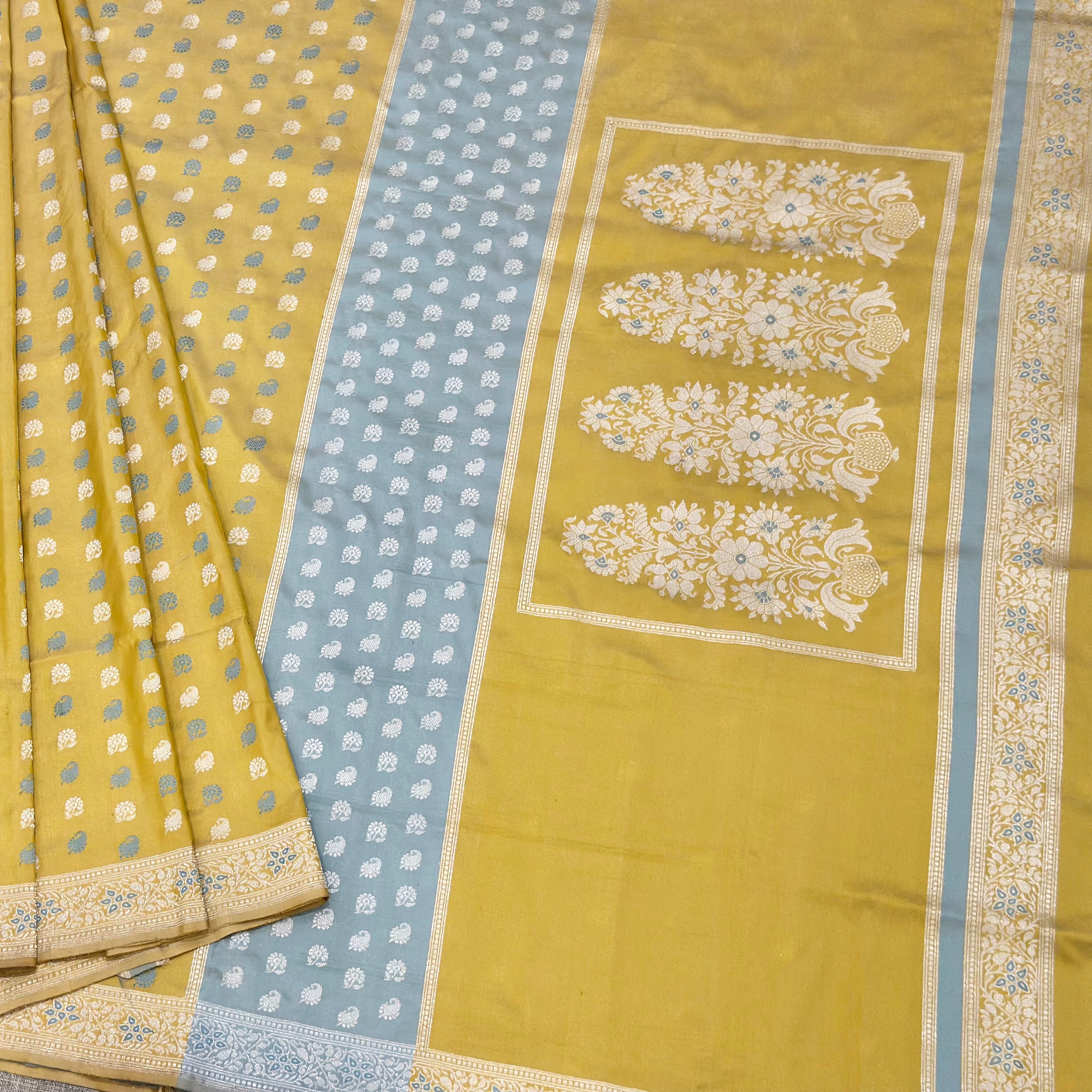 Yellow and Sky Blue Buti Baluchari with Tree of Life