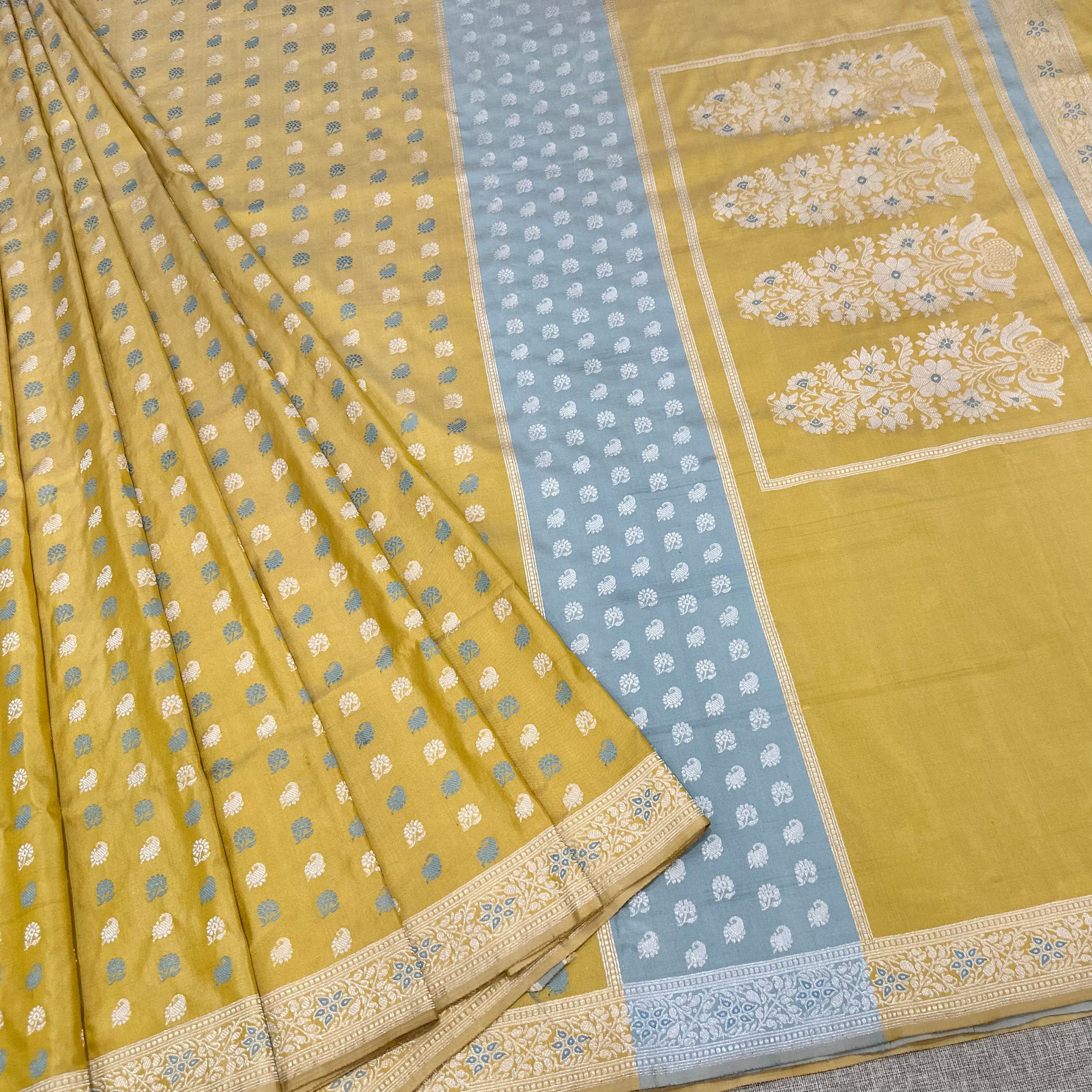 Yellow and Sky Blue Buti Baluchari with Tree of Life