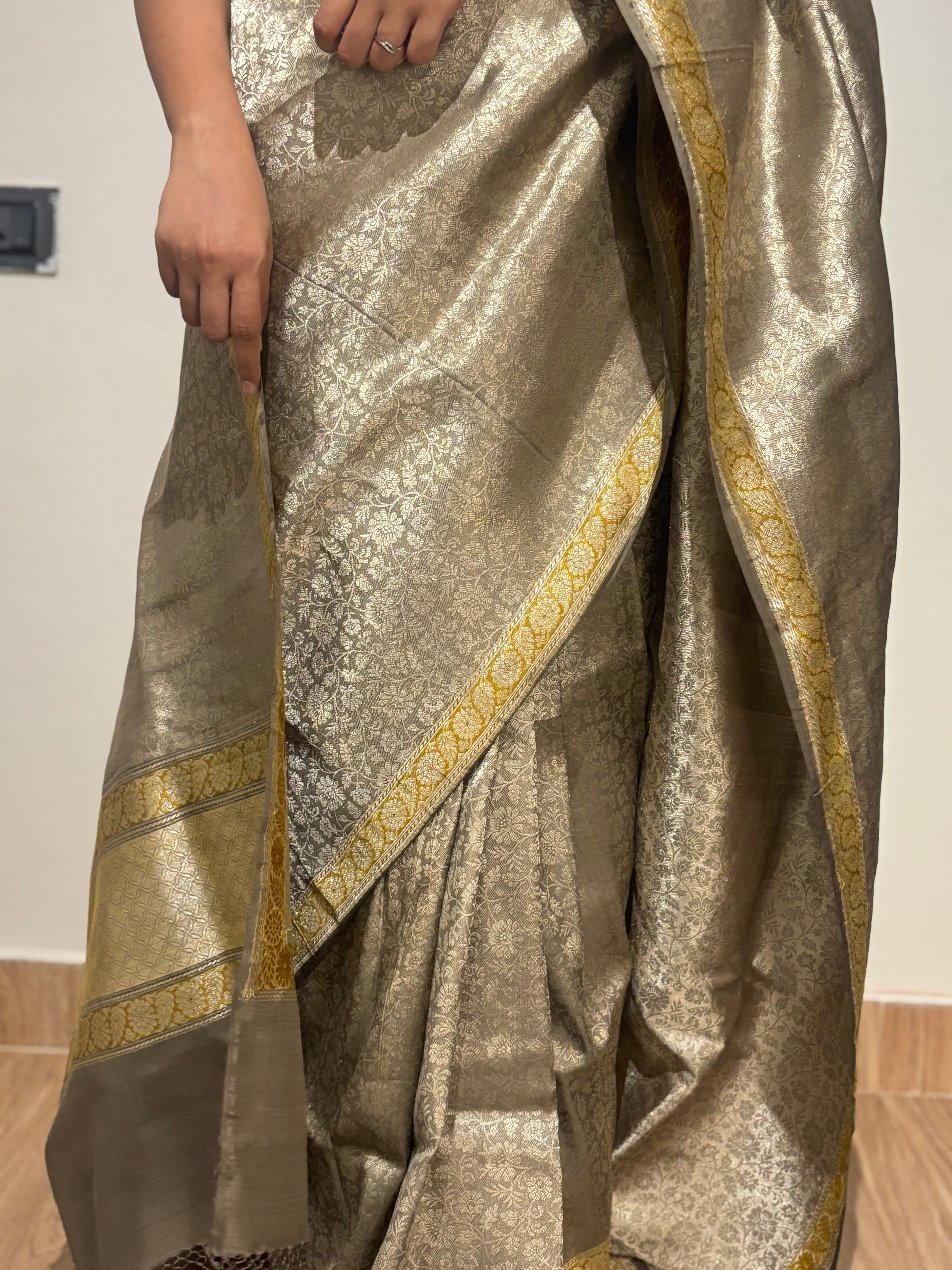 Sage Green Tanchoi With Mustard Minakari Khadwa Border Benarasi Saree
