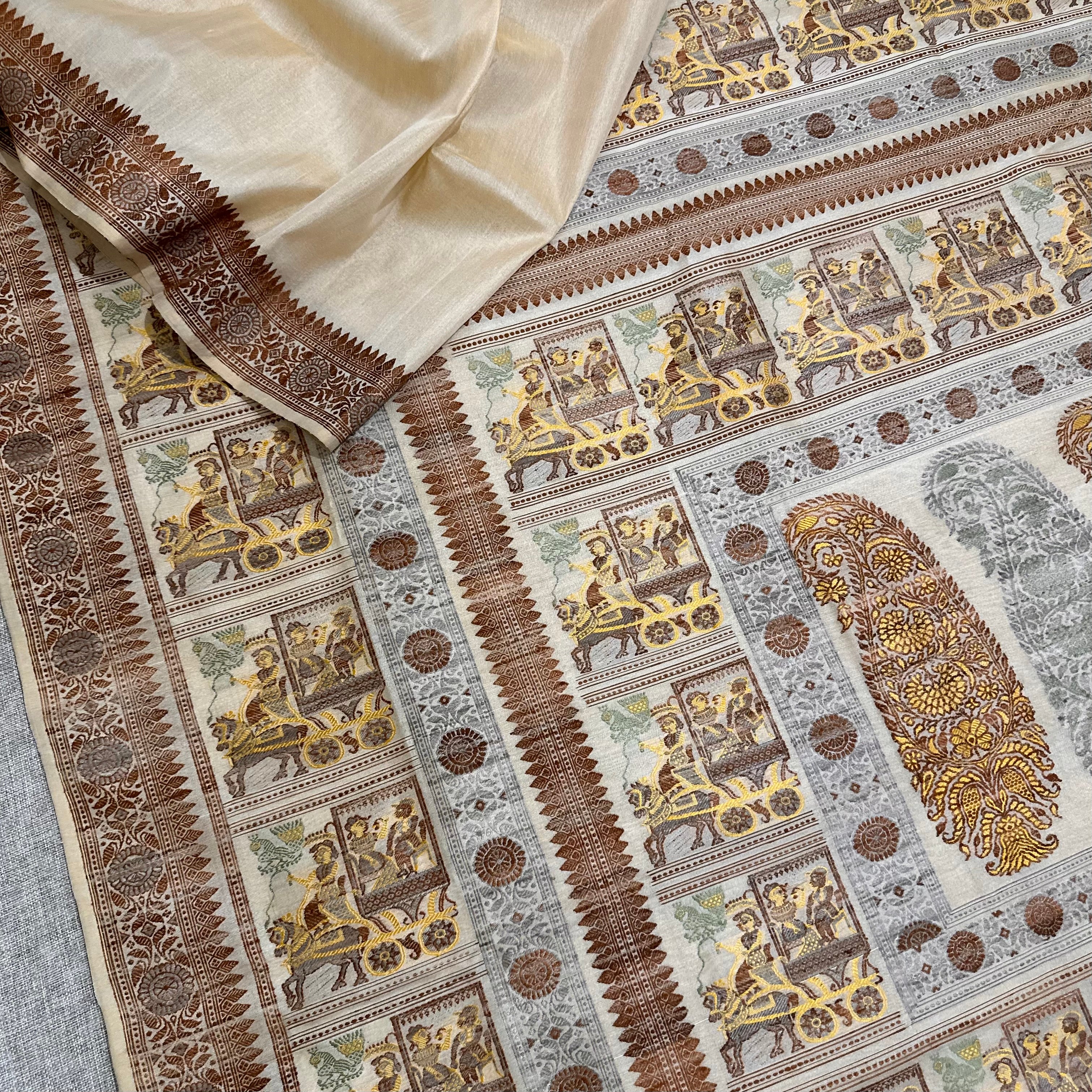 Beige Grand Palla Baluchari Saree in Tussar