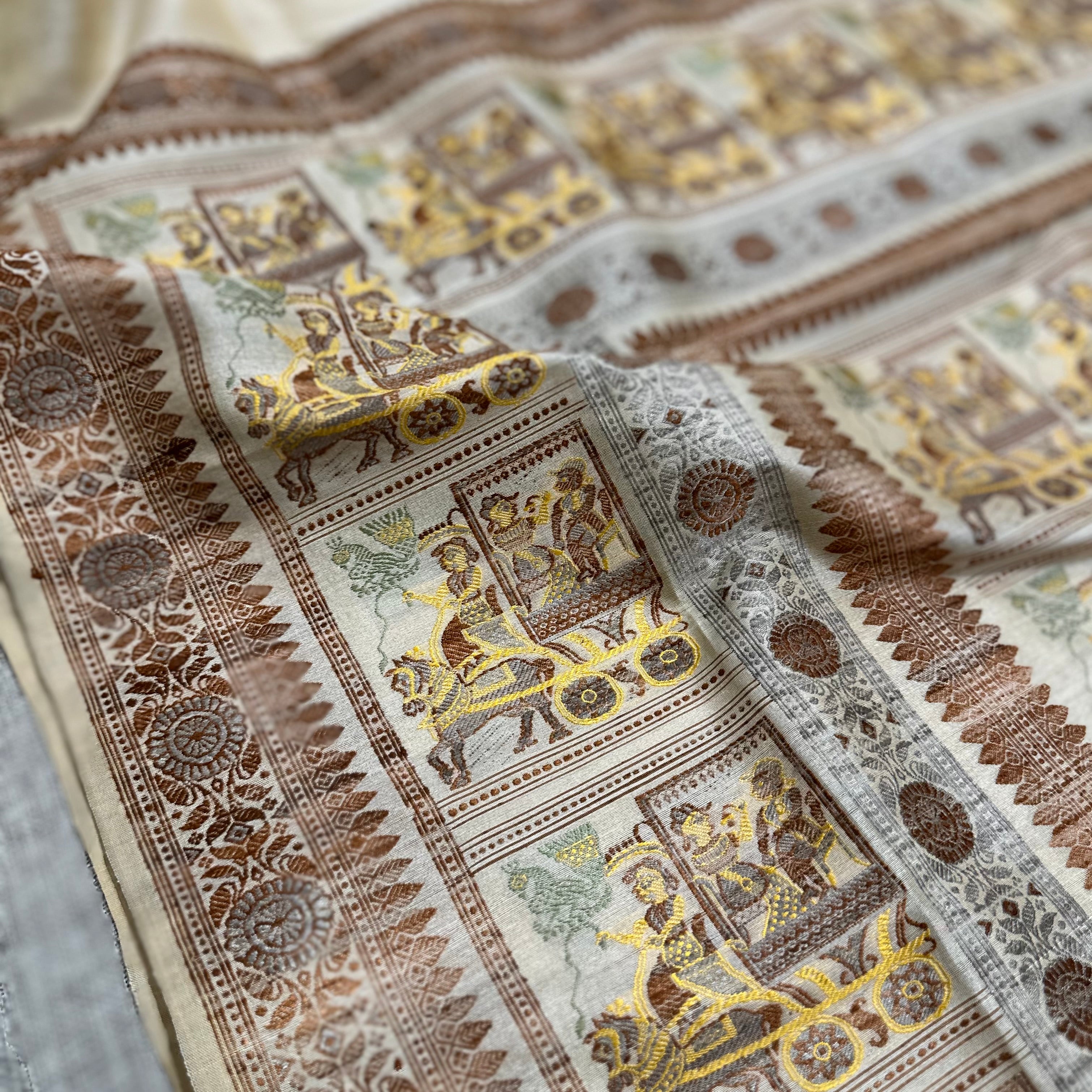 Beige Grand Palla Baluchari Saree in Tussar