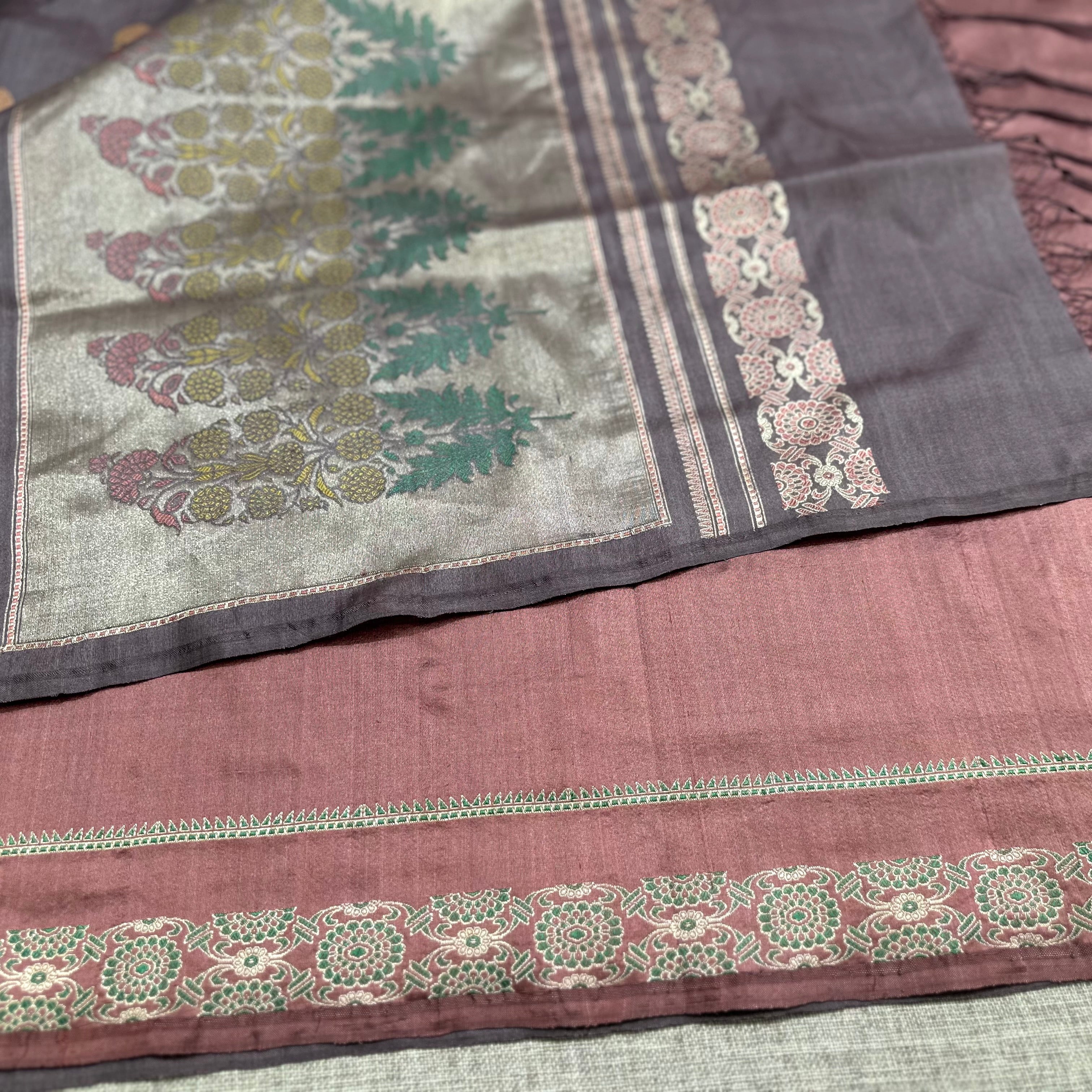 Lavender Grey Tussar Silk Baluchari Saree