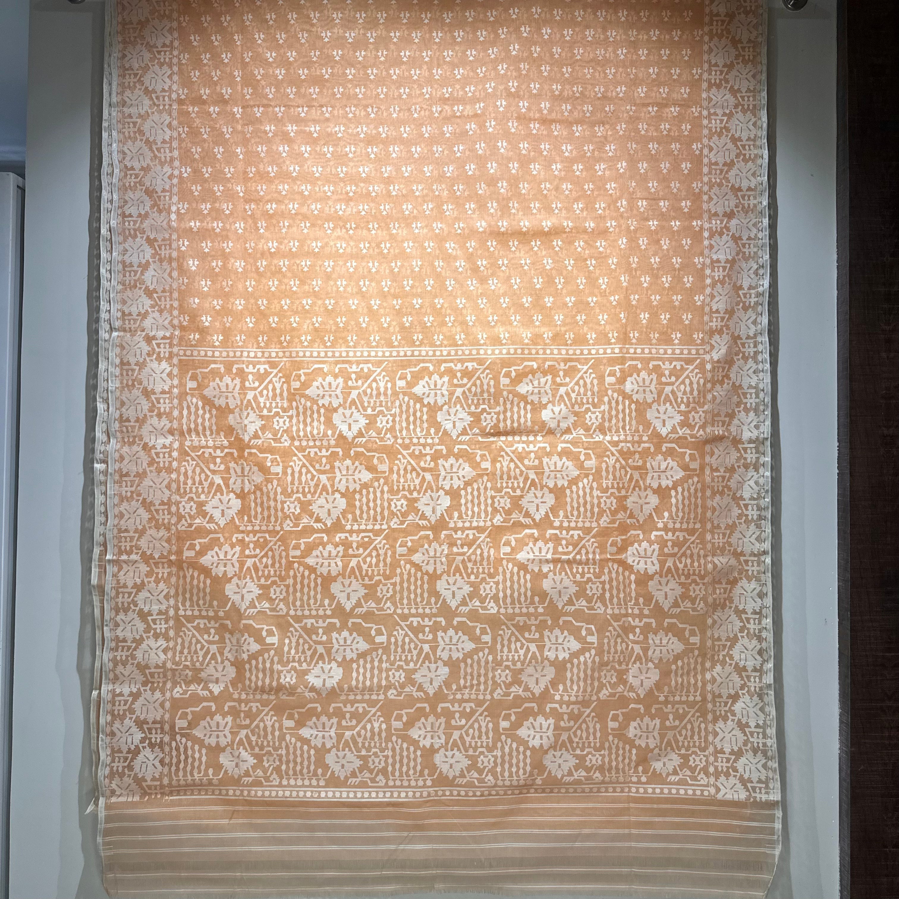 Light Orange and White Angoorlata Dhakai Jamdani Saree (Grapevine)