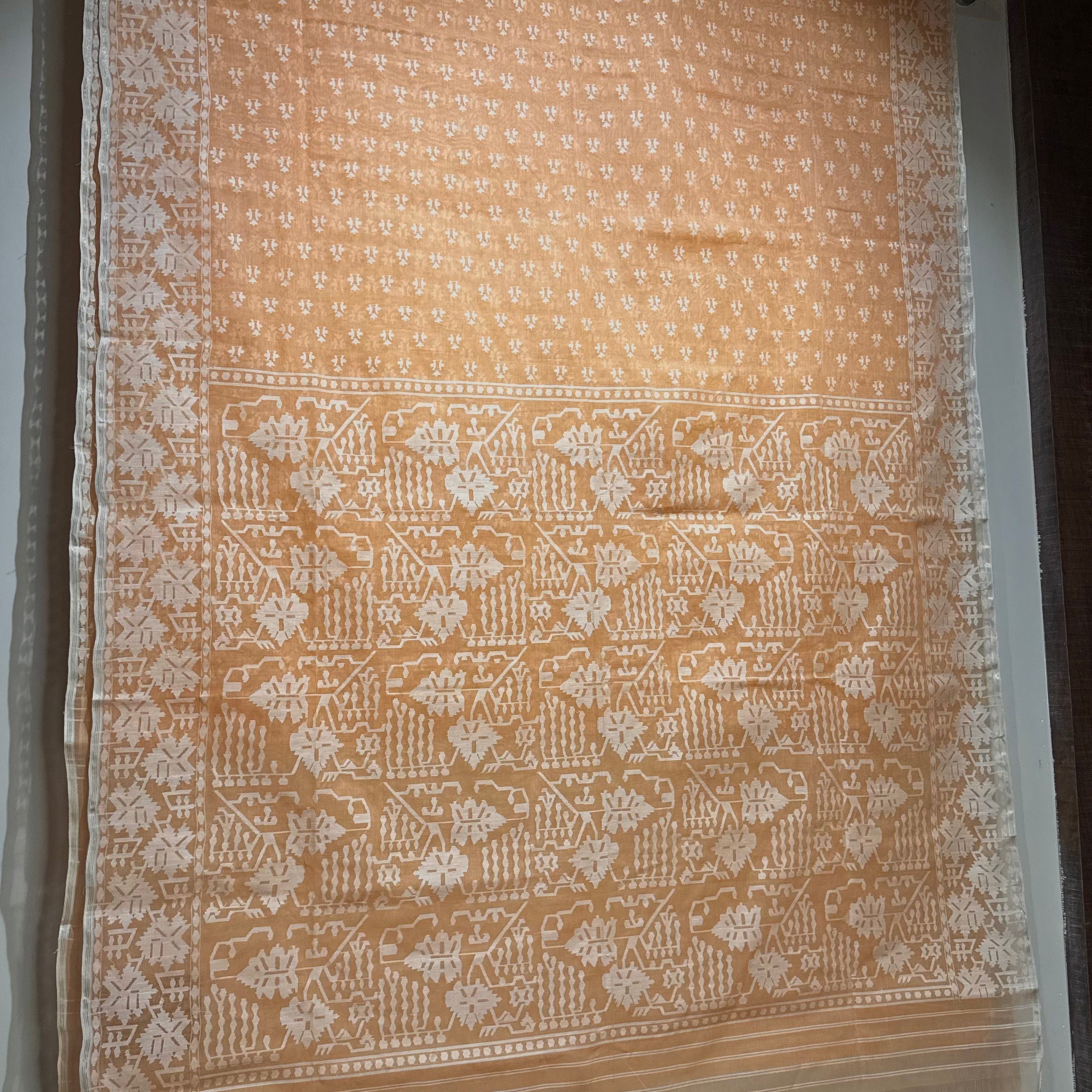 Light Orange and White Angoorlata Dhakai Jamdani Saree (Grapevine)