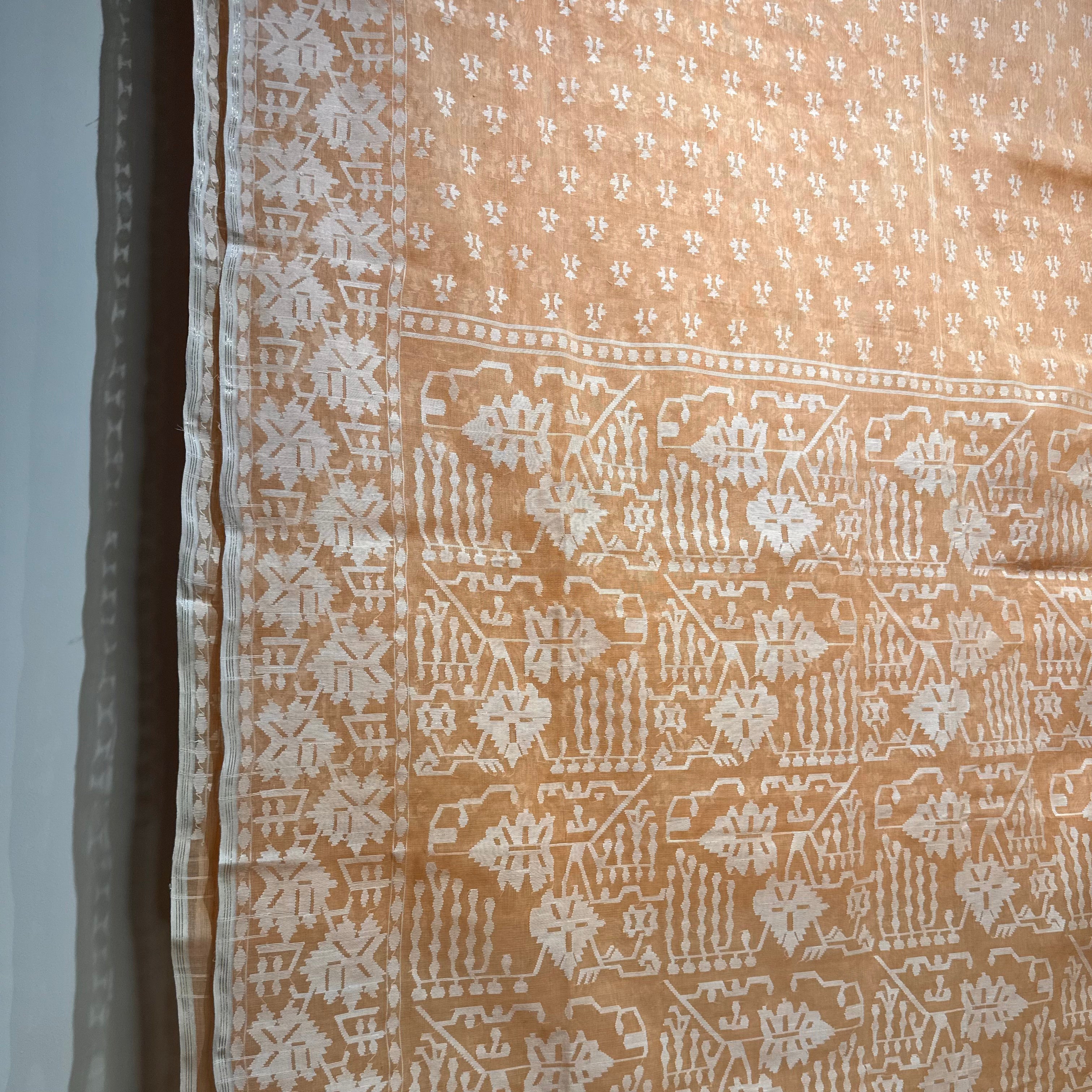 Light Orange and White Angoorlata Dhakai Jamdani Saree (Grapevine)