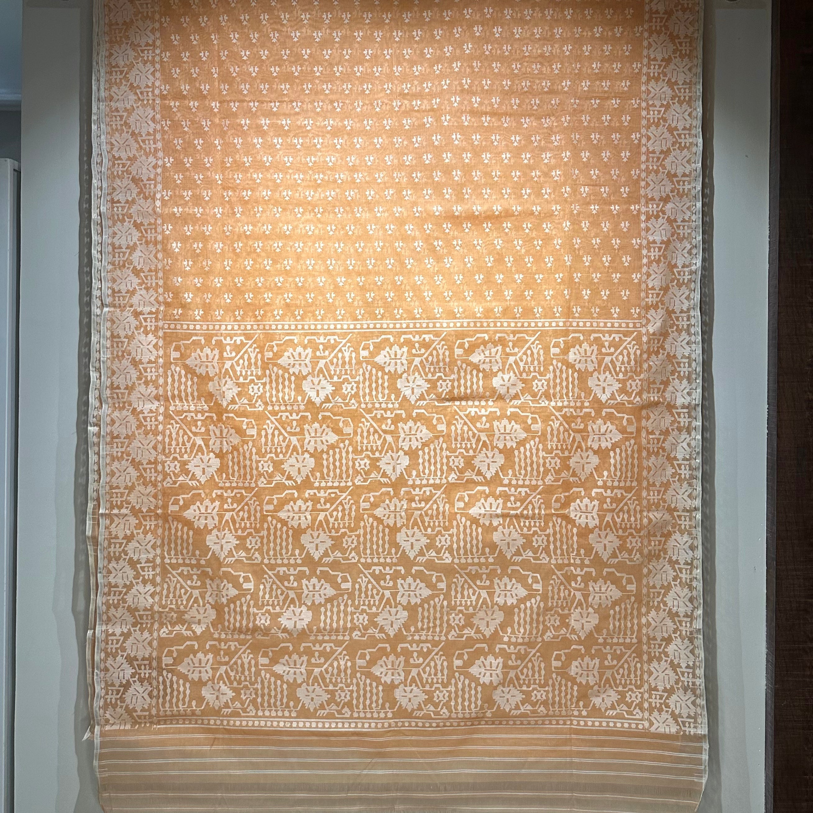 Light Orange and White Angoorlata Dhakai Jamdani Saree (Grapevine)