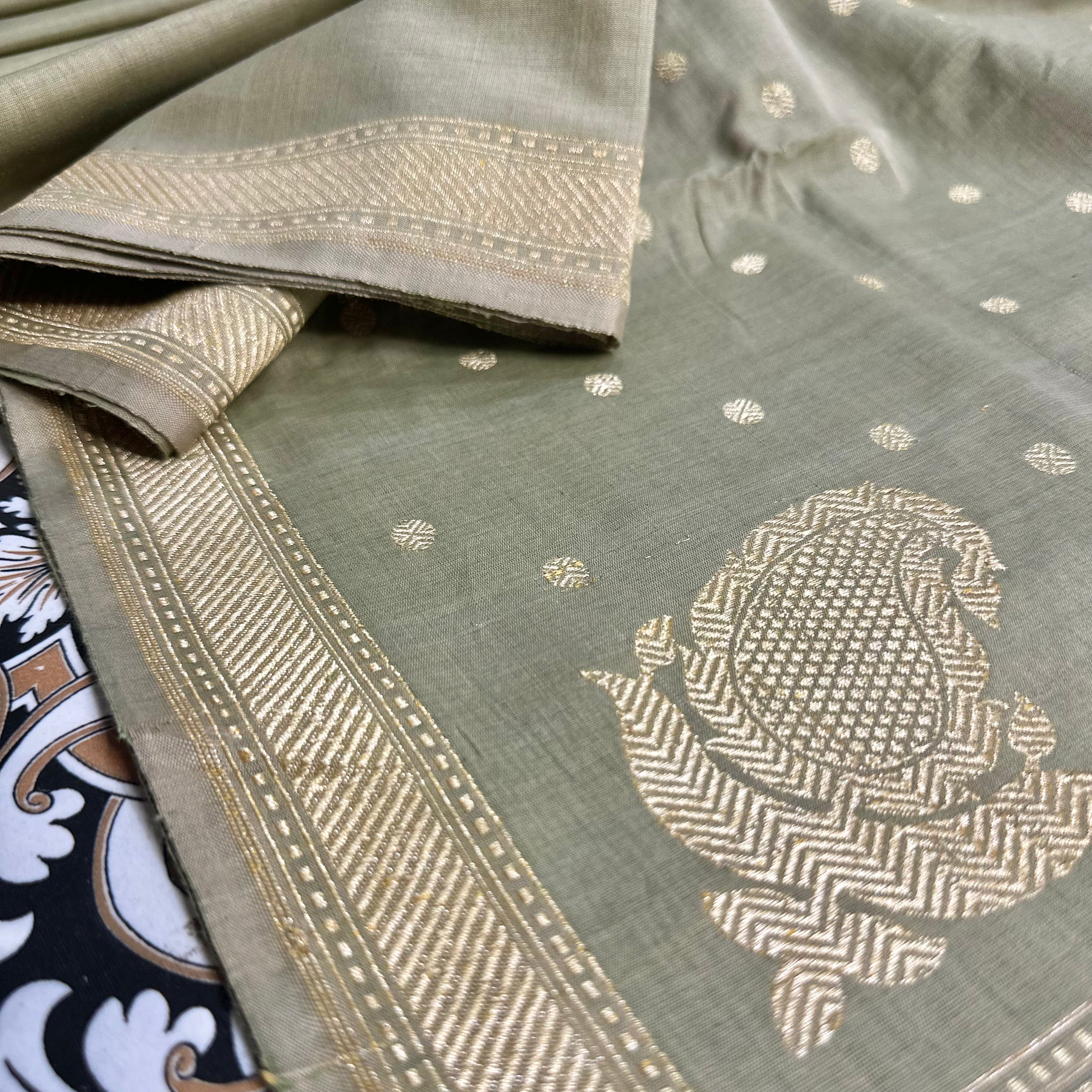 Sage Green Pure Cotton Natural Dyed Benarasi