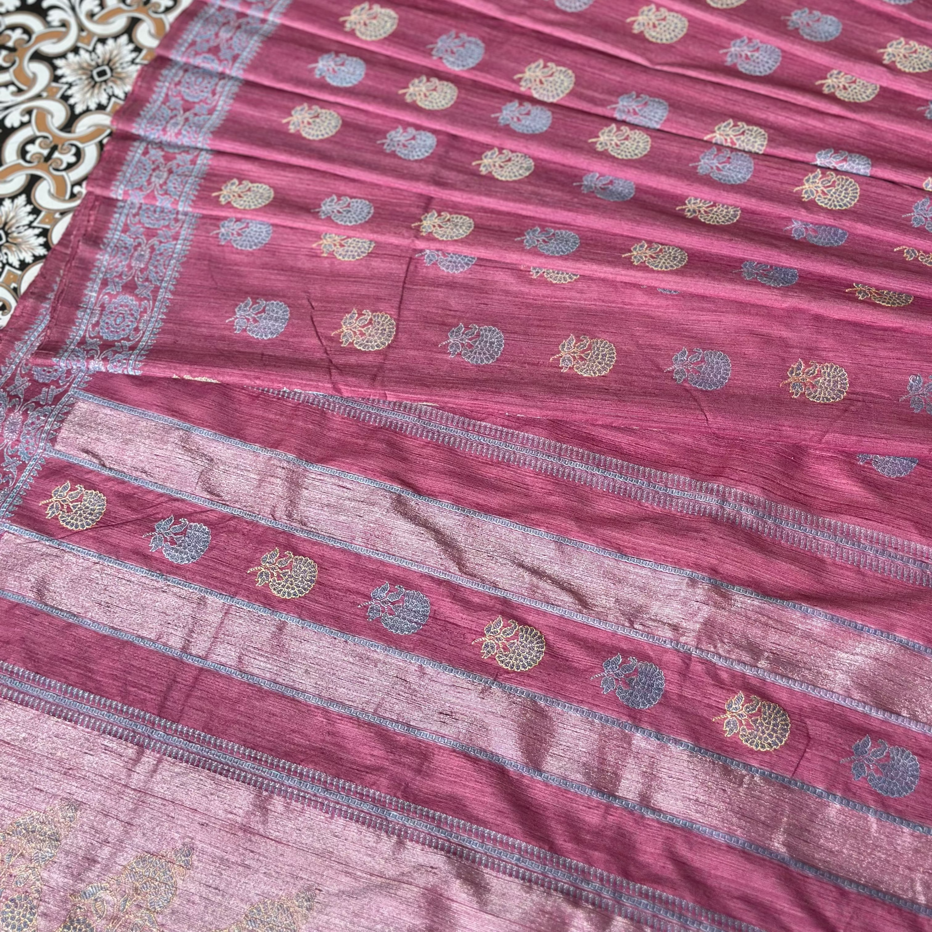 Natural Dyed Pink with Indigo Revival Baluchari Saree