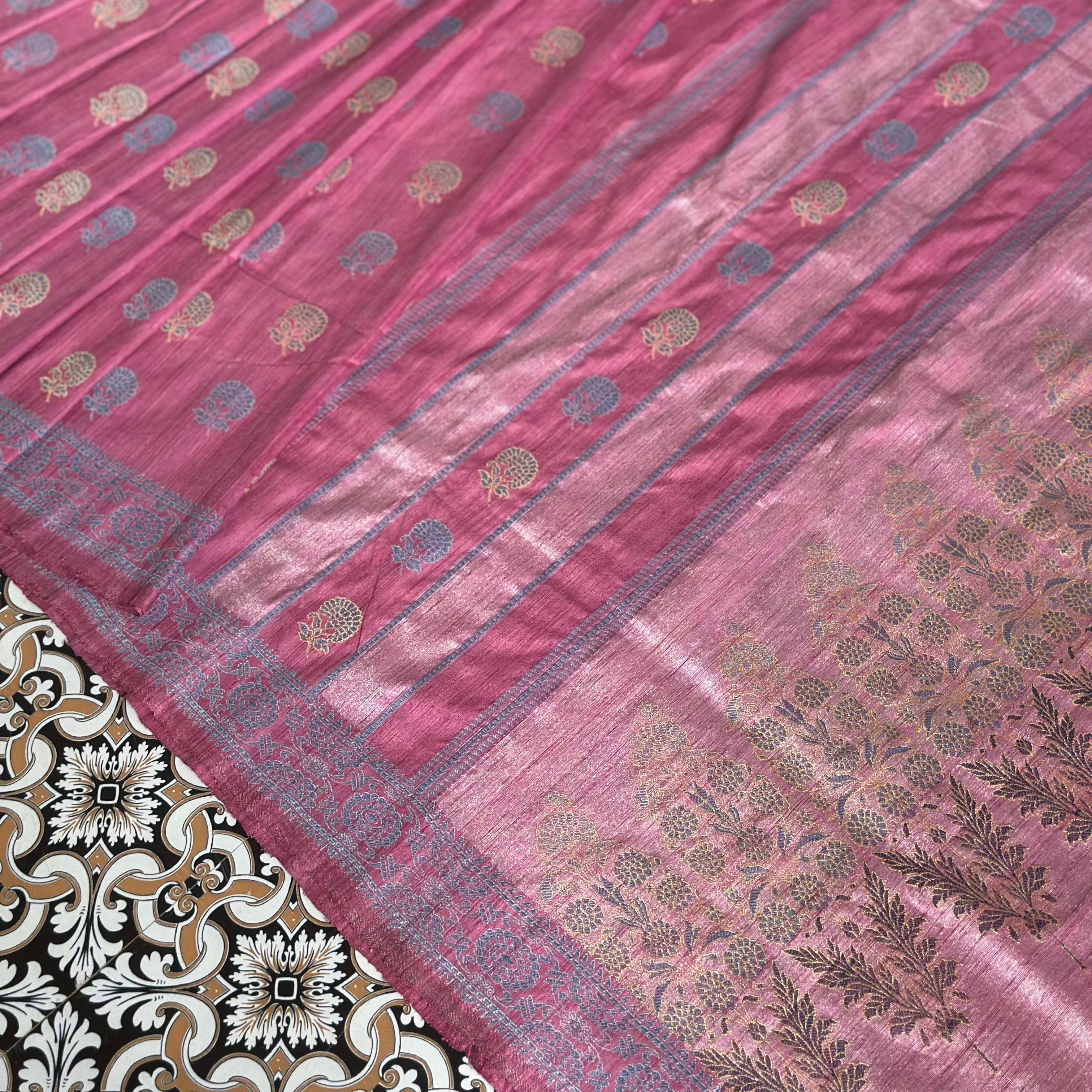 Natural Dyed Pink with Indigo Revival Baluchari Saree