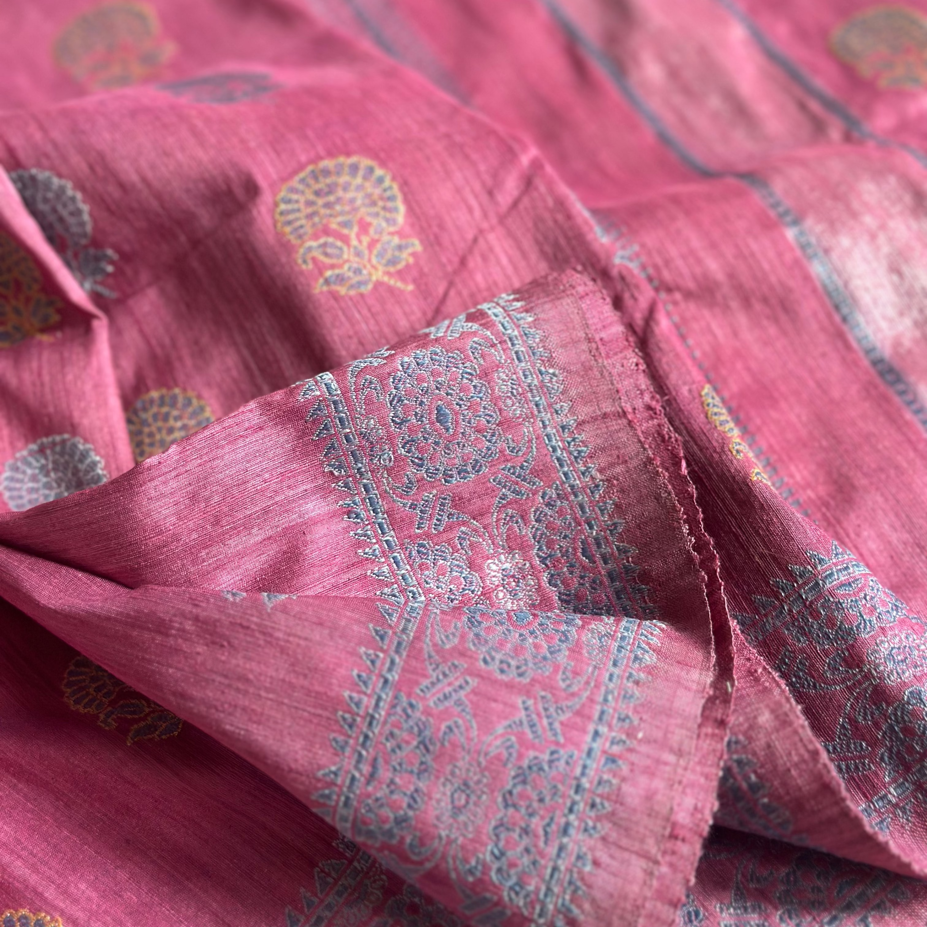 Natural Dyed Pink with Indigo Revival Baluchari Saree