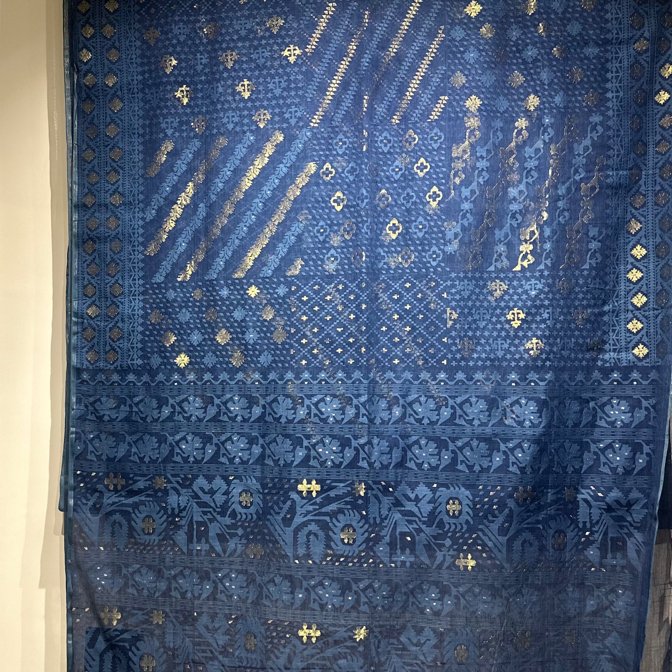 Indigo Handspun 200 Count Dhakai Jamdani Masterpiece with 16 Different Motifs