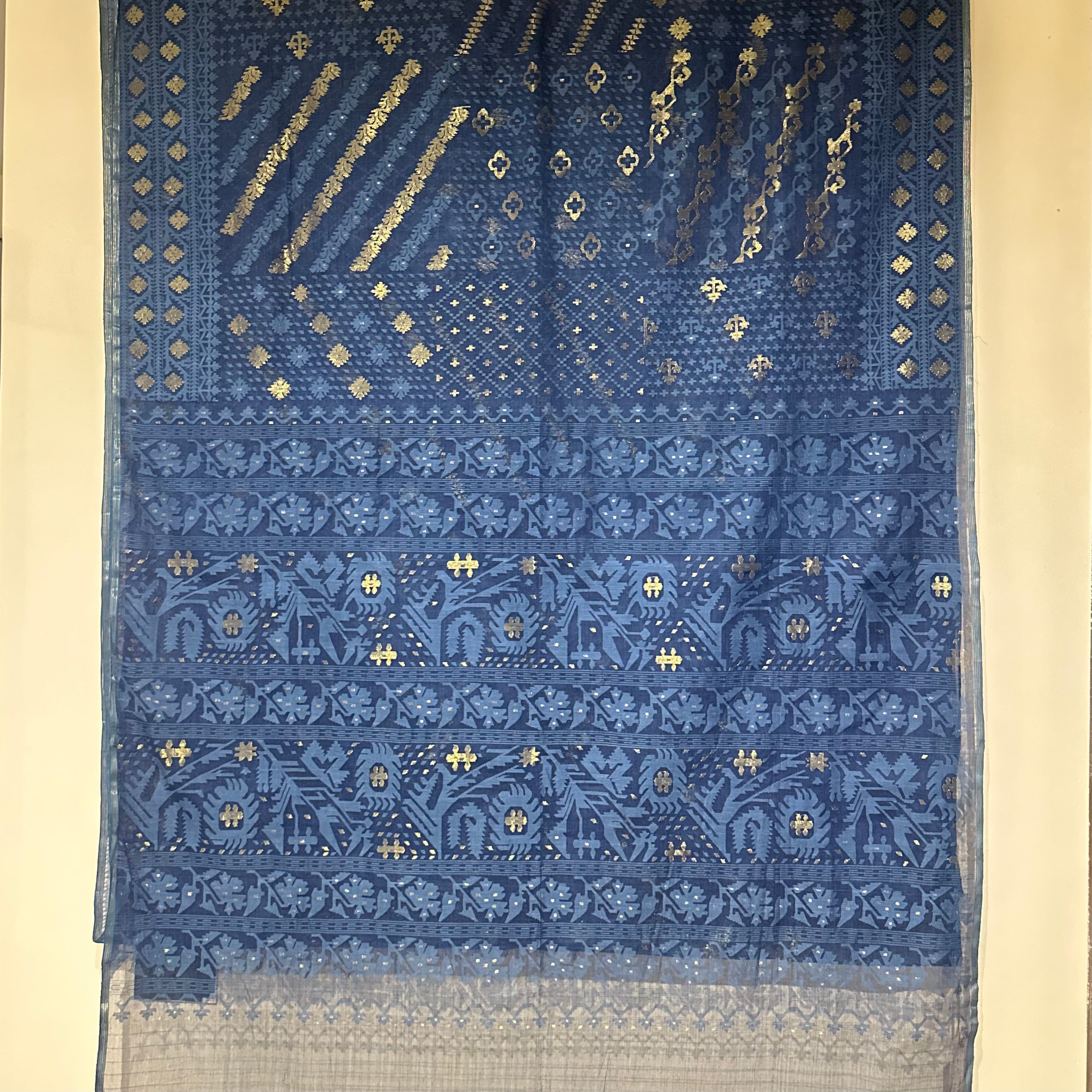 Indigo Handspun 200 Count Dhakai Jamdani Masterpiece with 16 Different Motifs