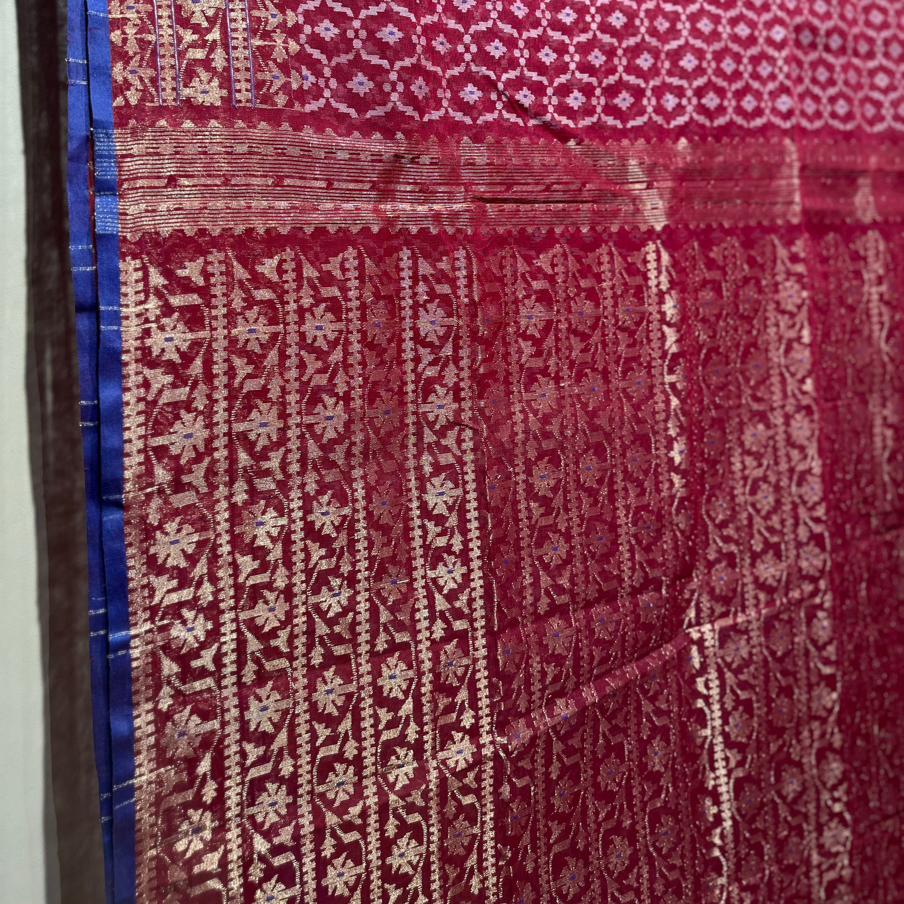 Dark Red with Golden and White Jaal Dhakai Jamdani