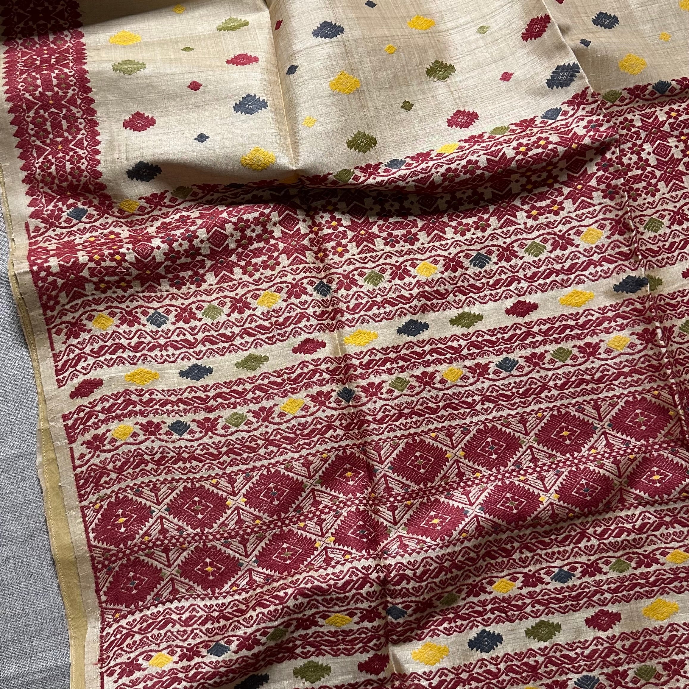 Handwoven Pure Muga Saree with Multicoloured Natural Dyed Eri Extra Weft