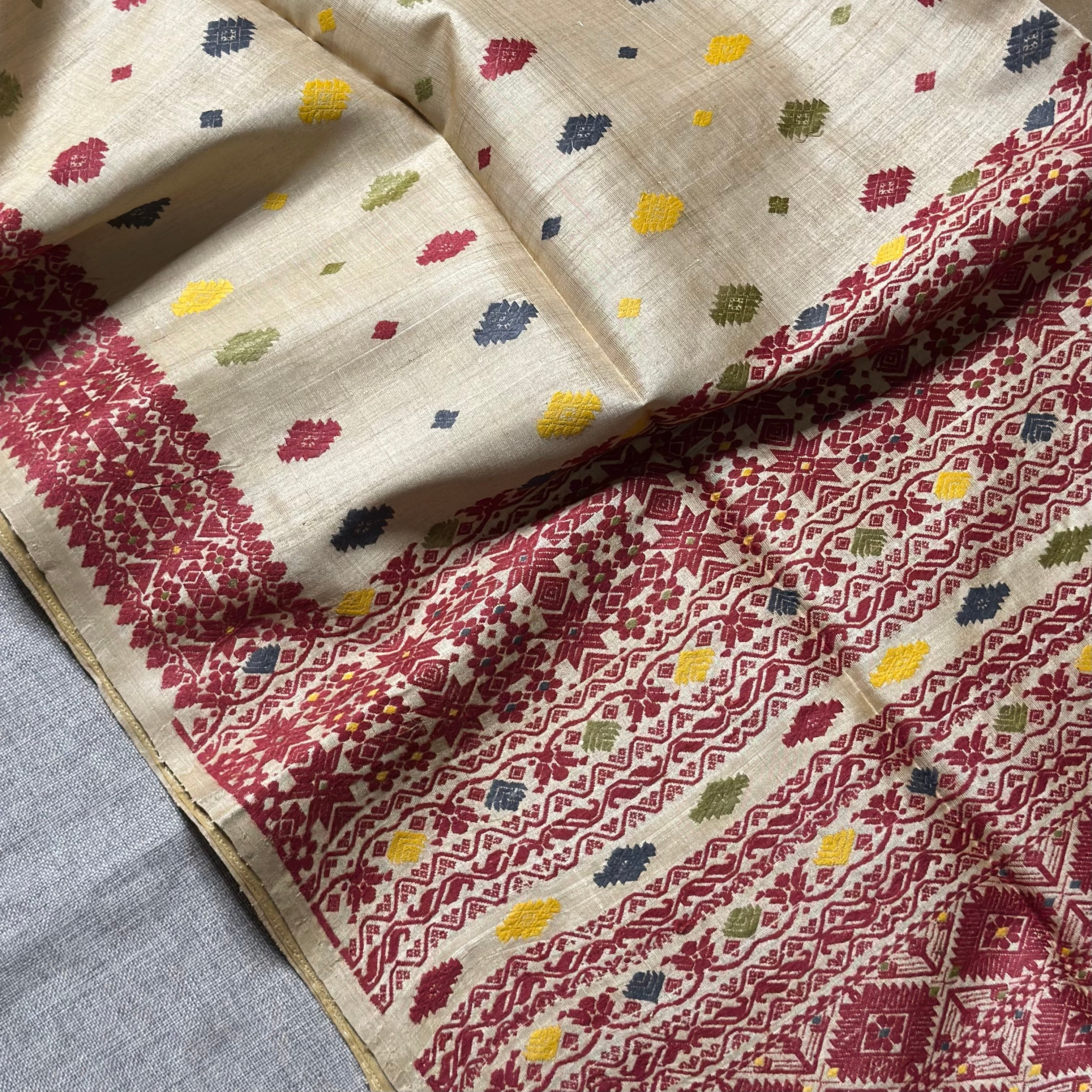Handwoven Pure Muga Saree with Multicoloured Natural Dyed Eri Extra Weft