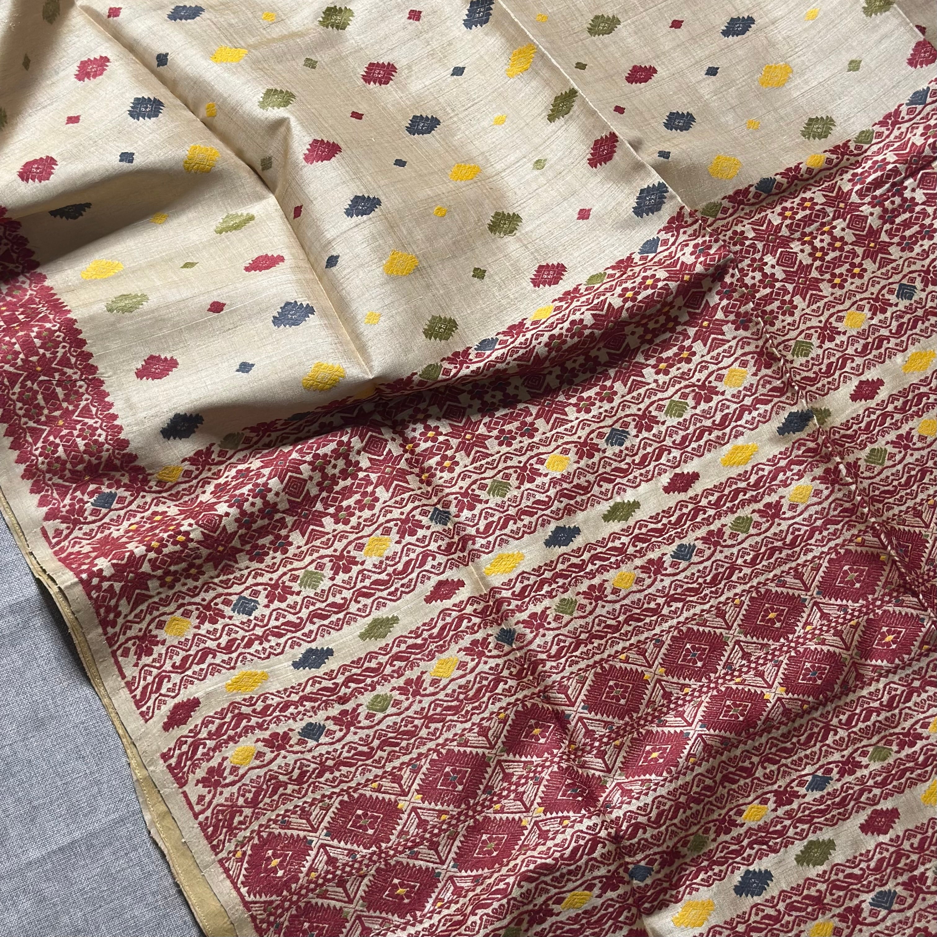 Handwoven Pure Muga Saree with Multicoloured Natural Dyed Eri Extra Weft
