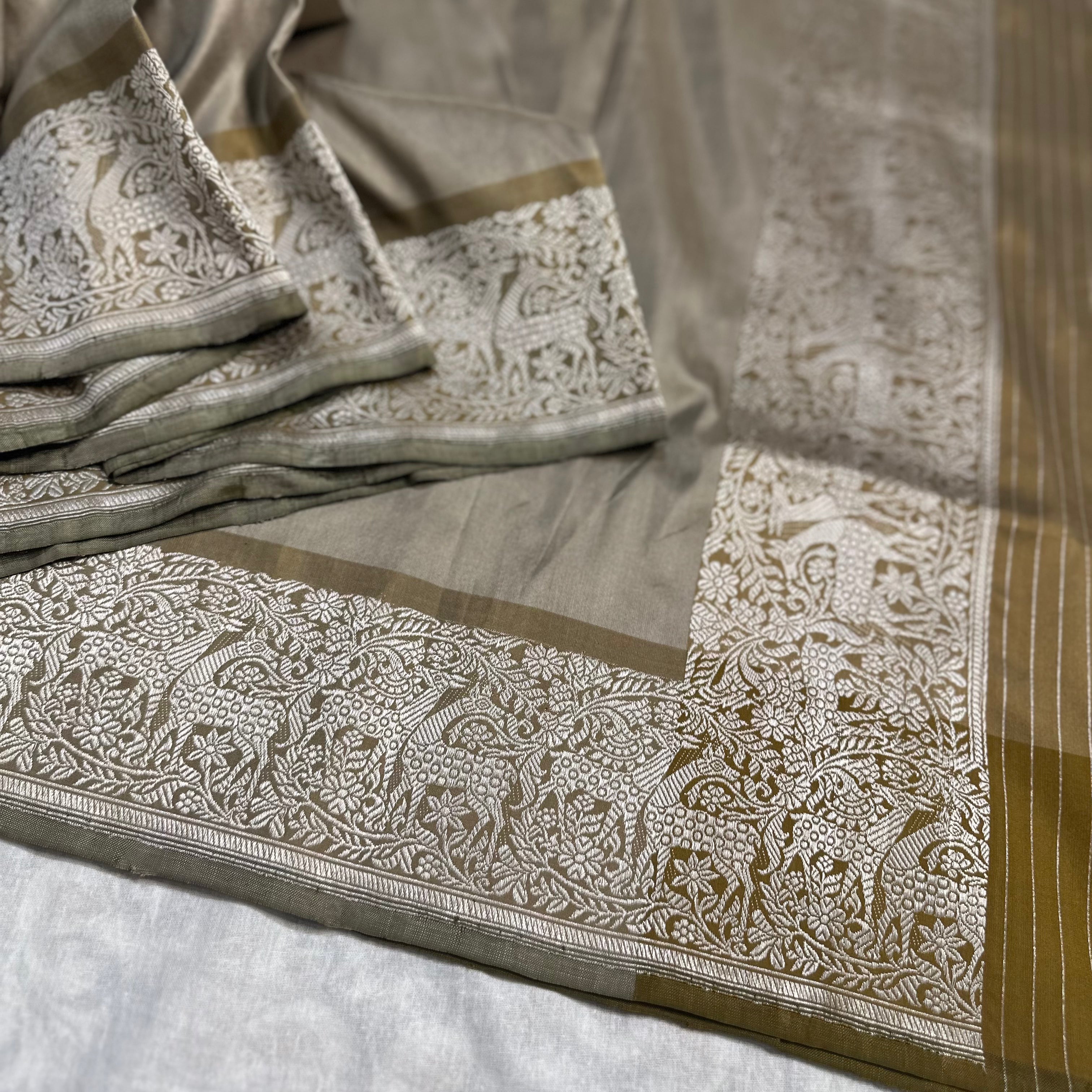 Shikargah Khadwa Benarasi in Grey and Mustard