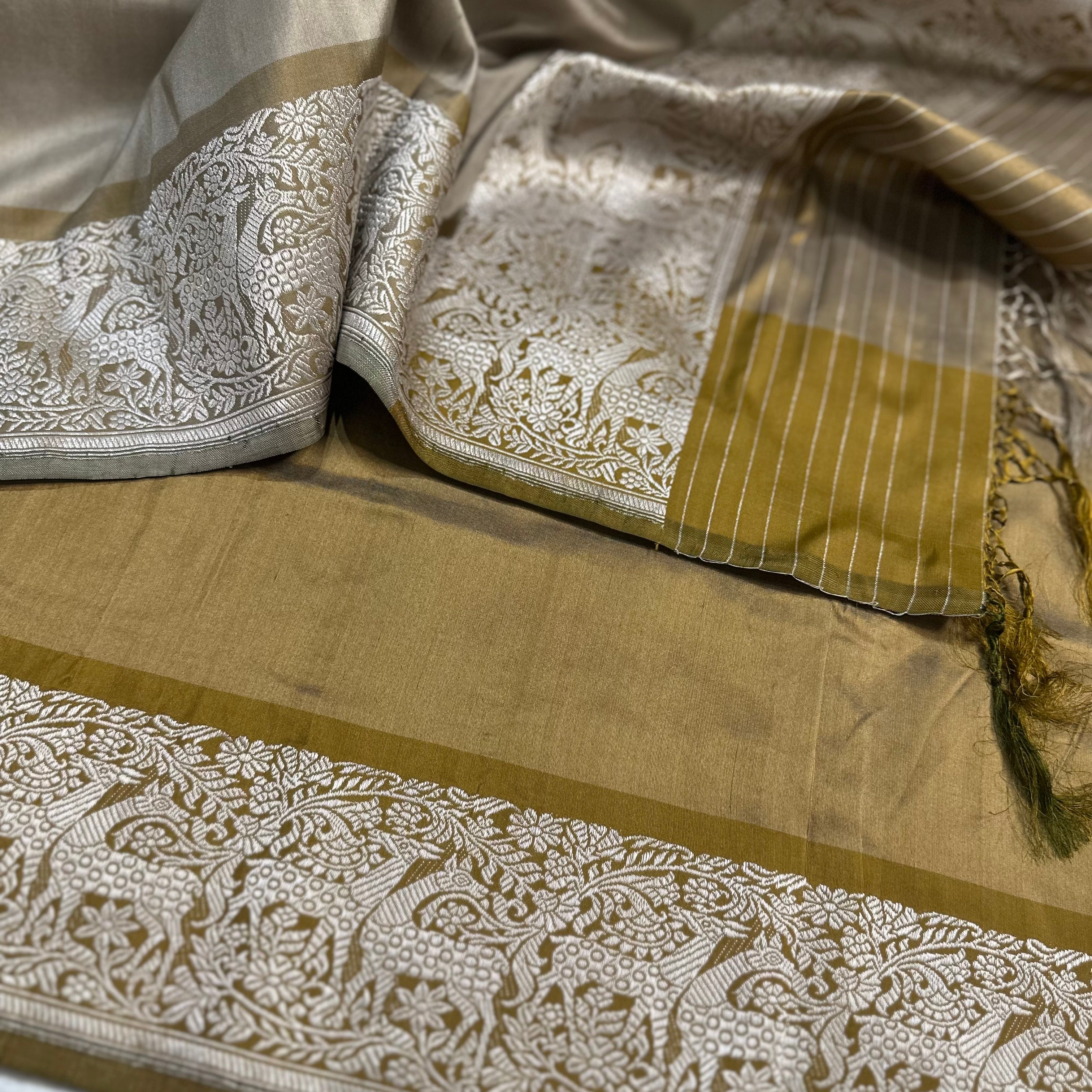 Shikargah Khadwa Benarasi in Grey and Mustard
