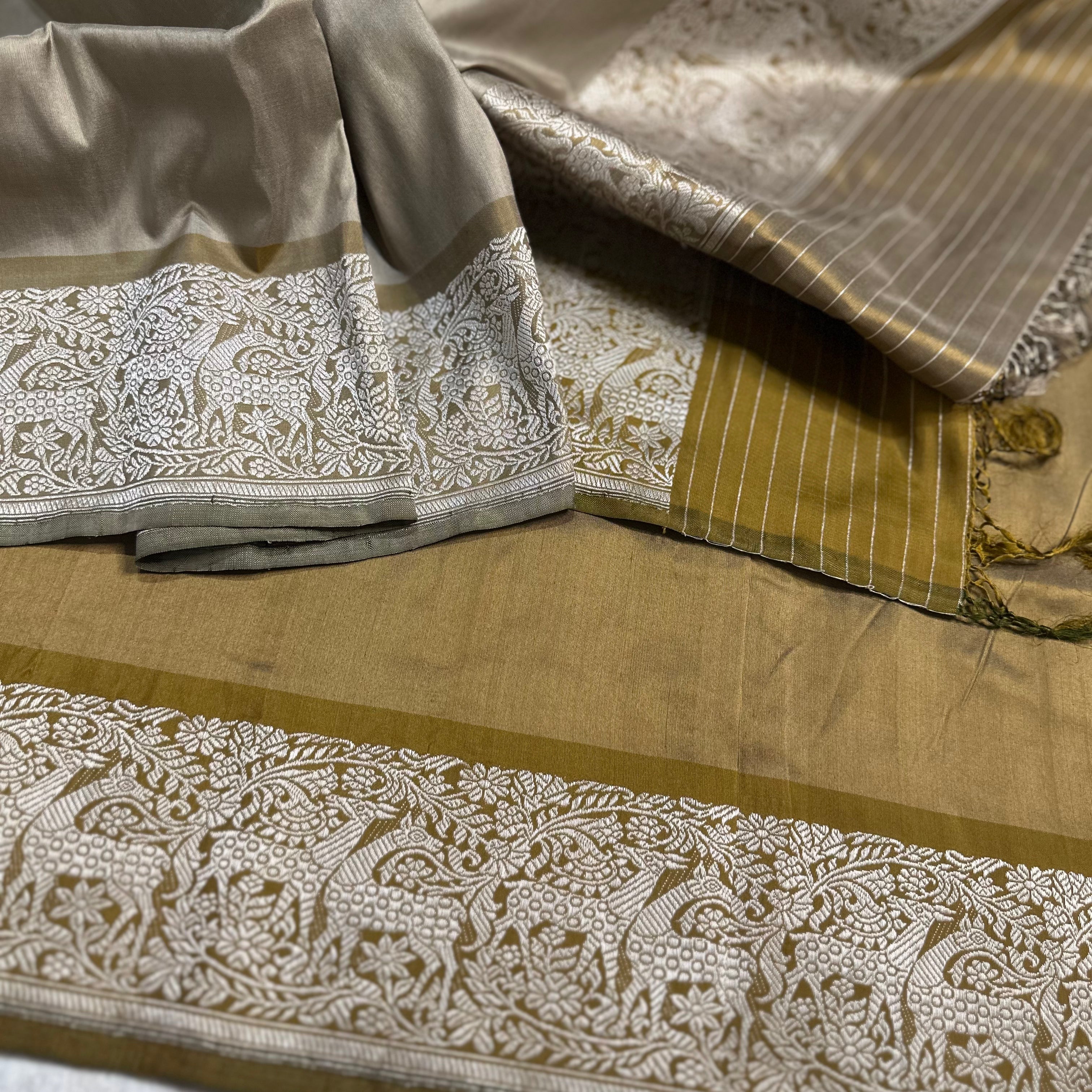 Shikargah Khadwa Benarasi in Grey and Mustard