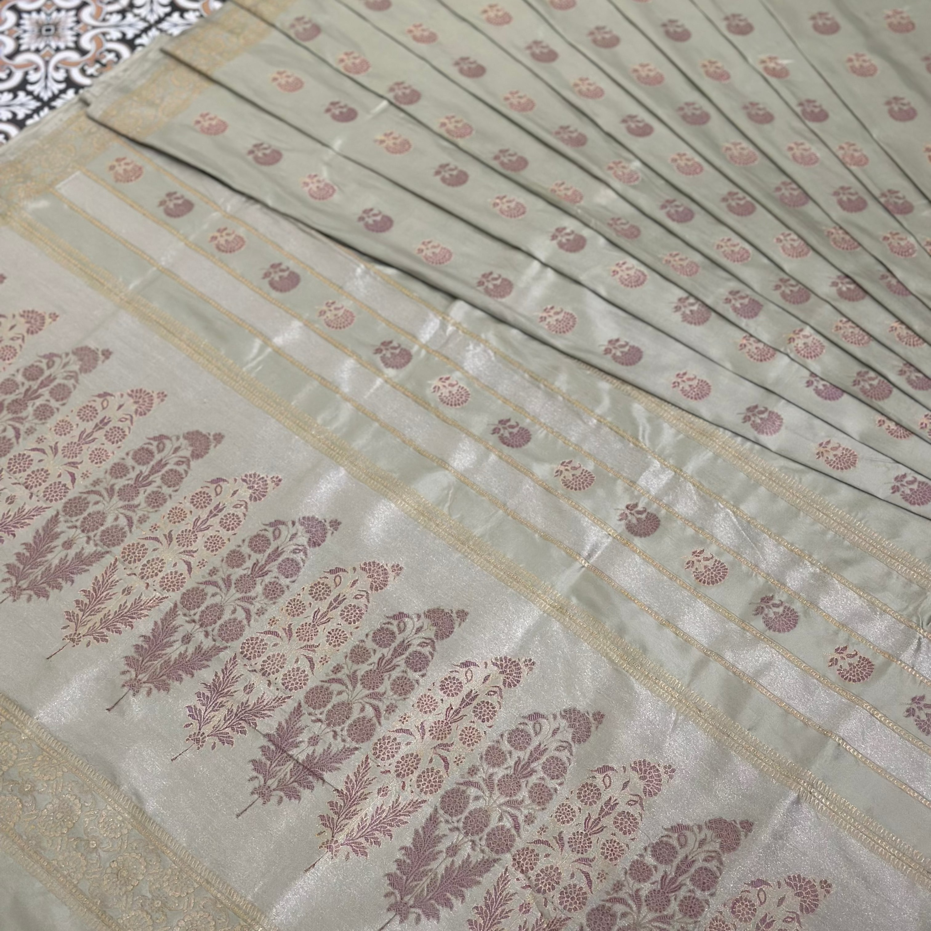Pre Order : Light Pista and Old Rose Colour Marigold Baluchari Saree